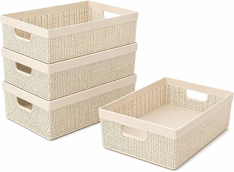Kit 4 Cesto Organizador Plástico 5,2L Design Juta Multiuso Cozinha Banheiro Lavanderia Resistente Compacto Decorativo (Bege)