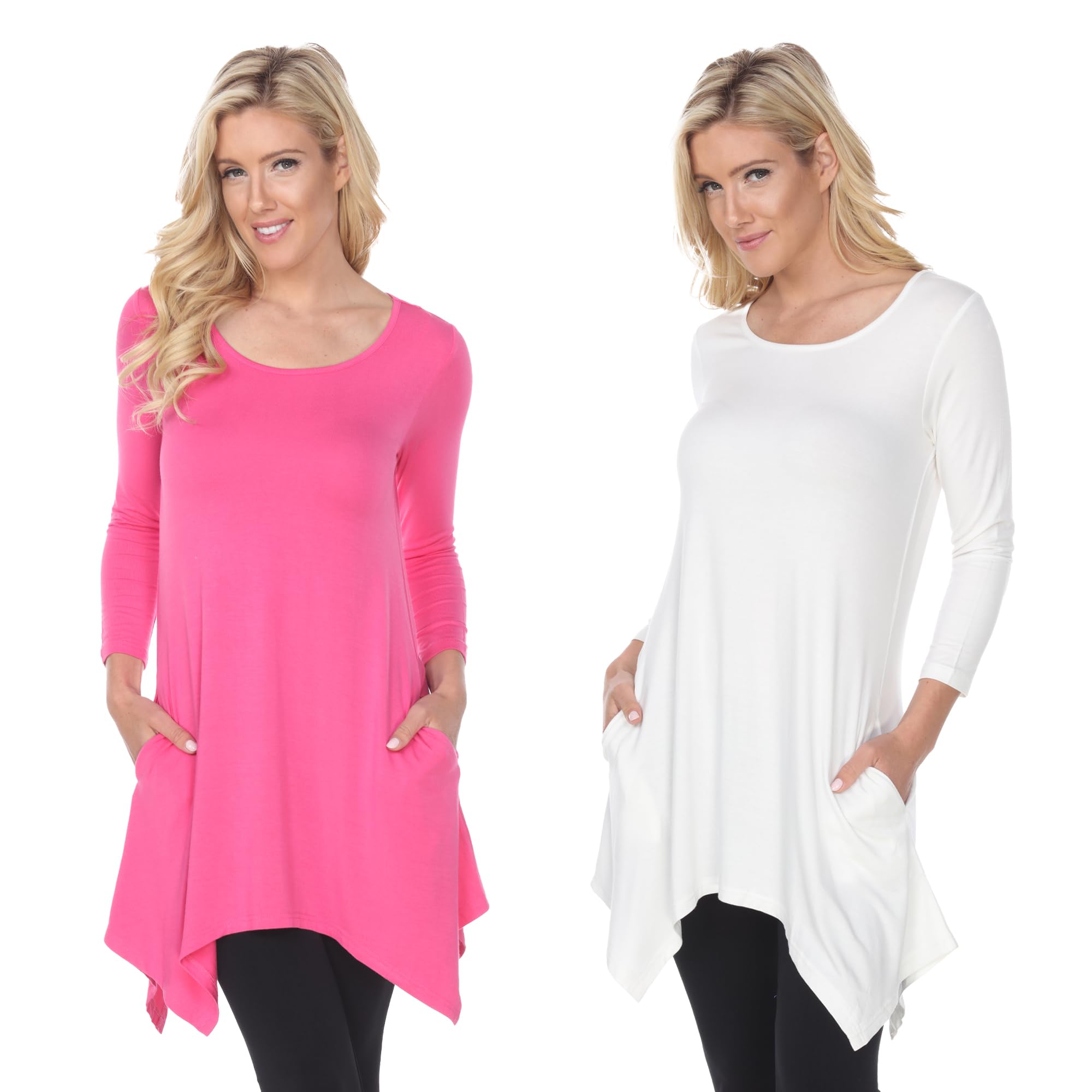 white mark Women's Pack of 2 White Quarter Sleeve Relaxed Tunic Top with Side Pockets