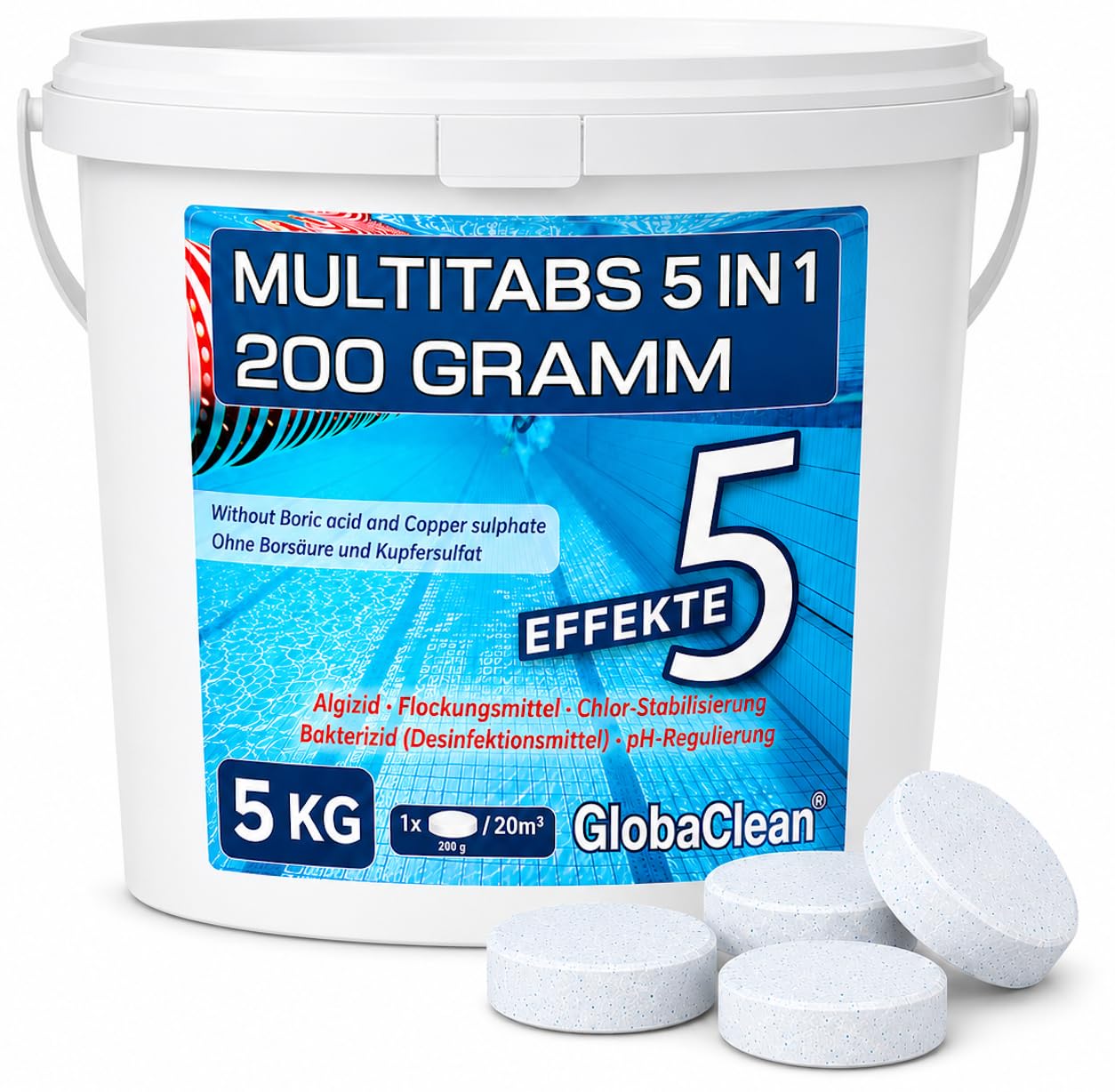 Multitabs für Pool 5 in 1 – 5kg (25 Tabs) – Chlortabletten für Pool 200g – Profi-Qualität Borsäurefrei – Made in Europe - Für kristallklares Poolwasser