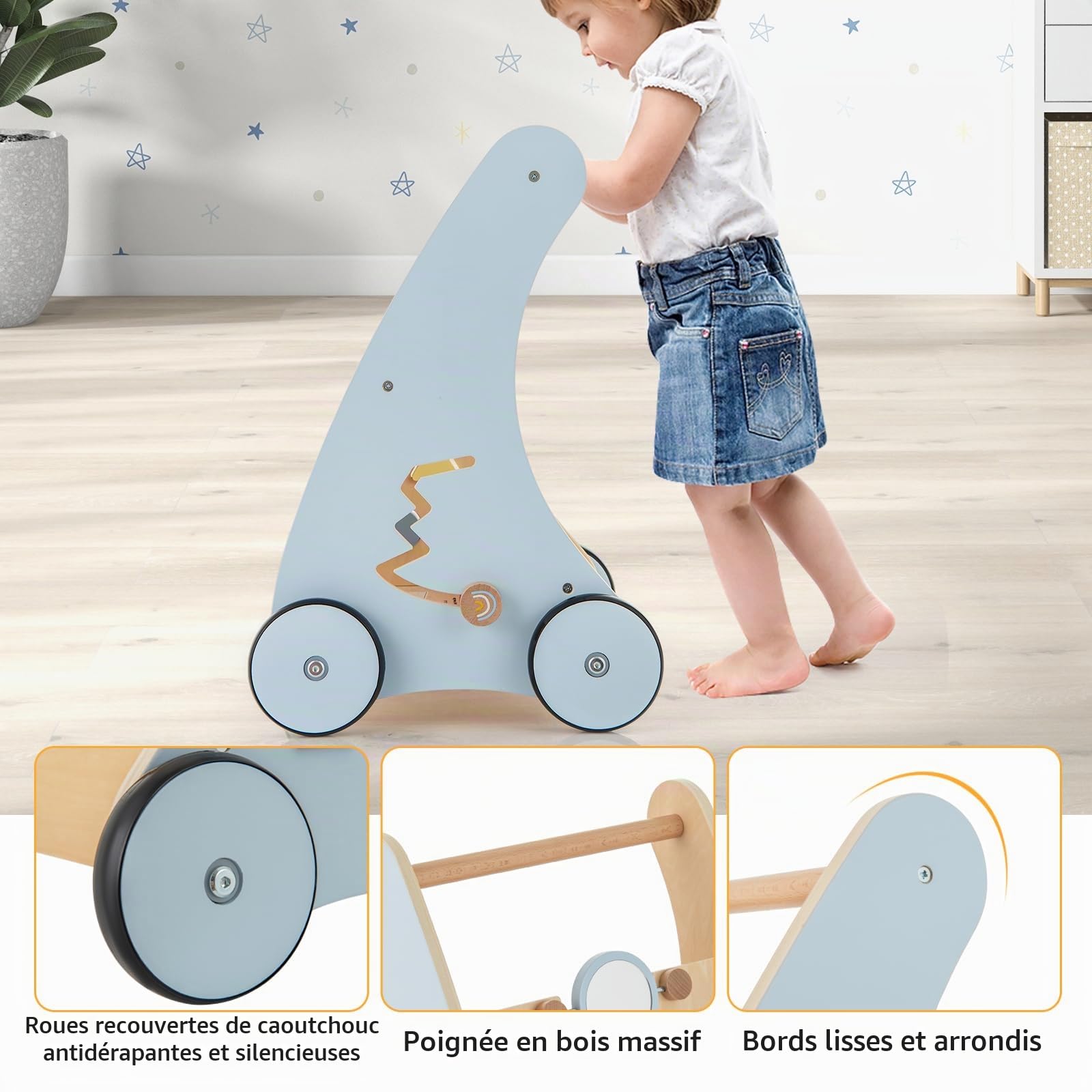 LIFEZEAL Chariot de Marche Bois pour Bébé, Trotteur Bebe Evolutif avec Rangement, Centre d'Activités à 4 Roues, Jouets s’amuser, Baby Walker 2+ ans