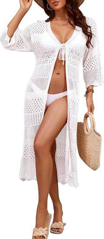 shermie Womens Long Crochet Cardigan Short Sleeve Tie Front Loose Swimsuit Kimono Cover Up
