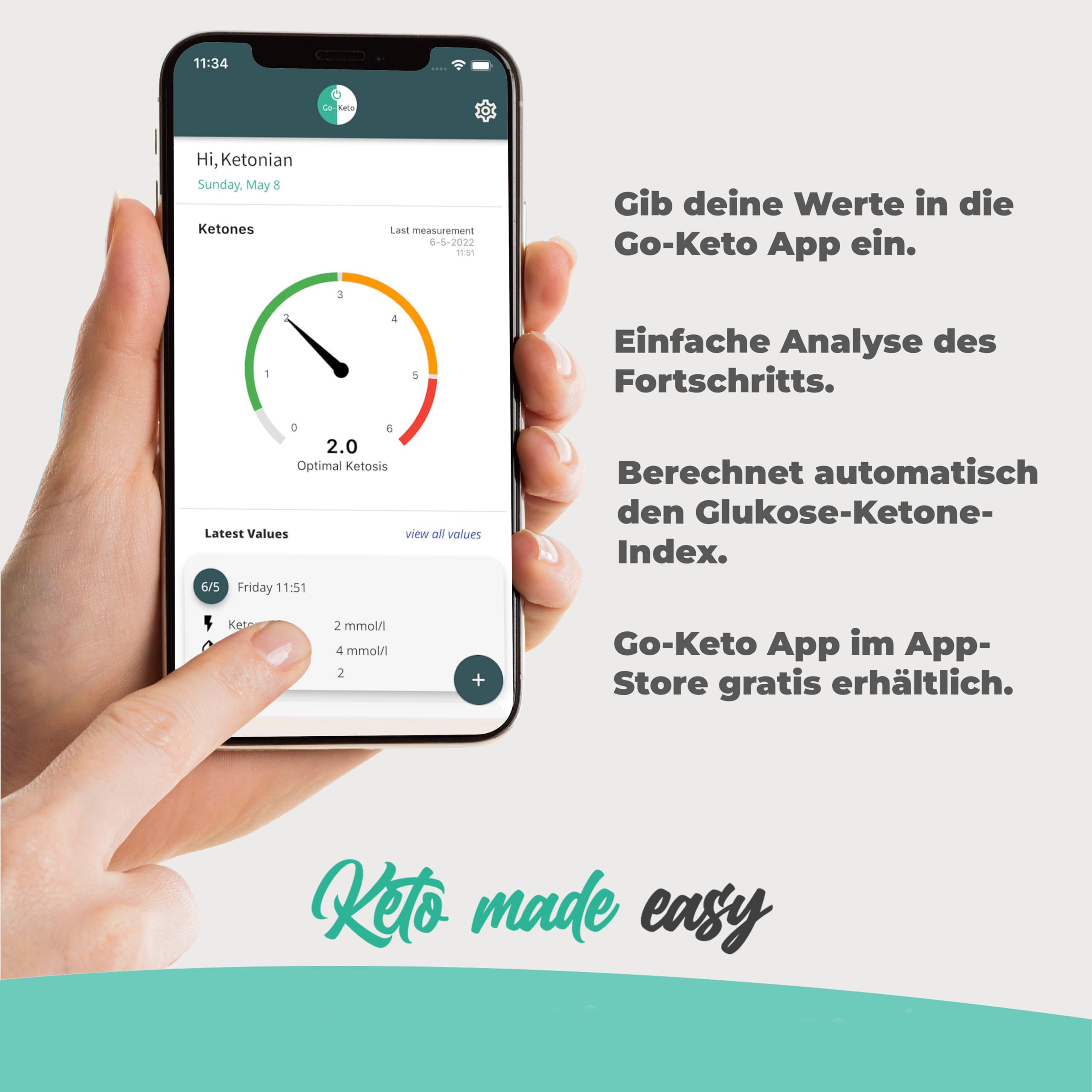 Go-Keto Ketone Messgerät (mg/dl) Starterset – Keto Meter mit 10 Ketone Teststreifen – Ketose einfach messen für Keto Diät