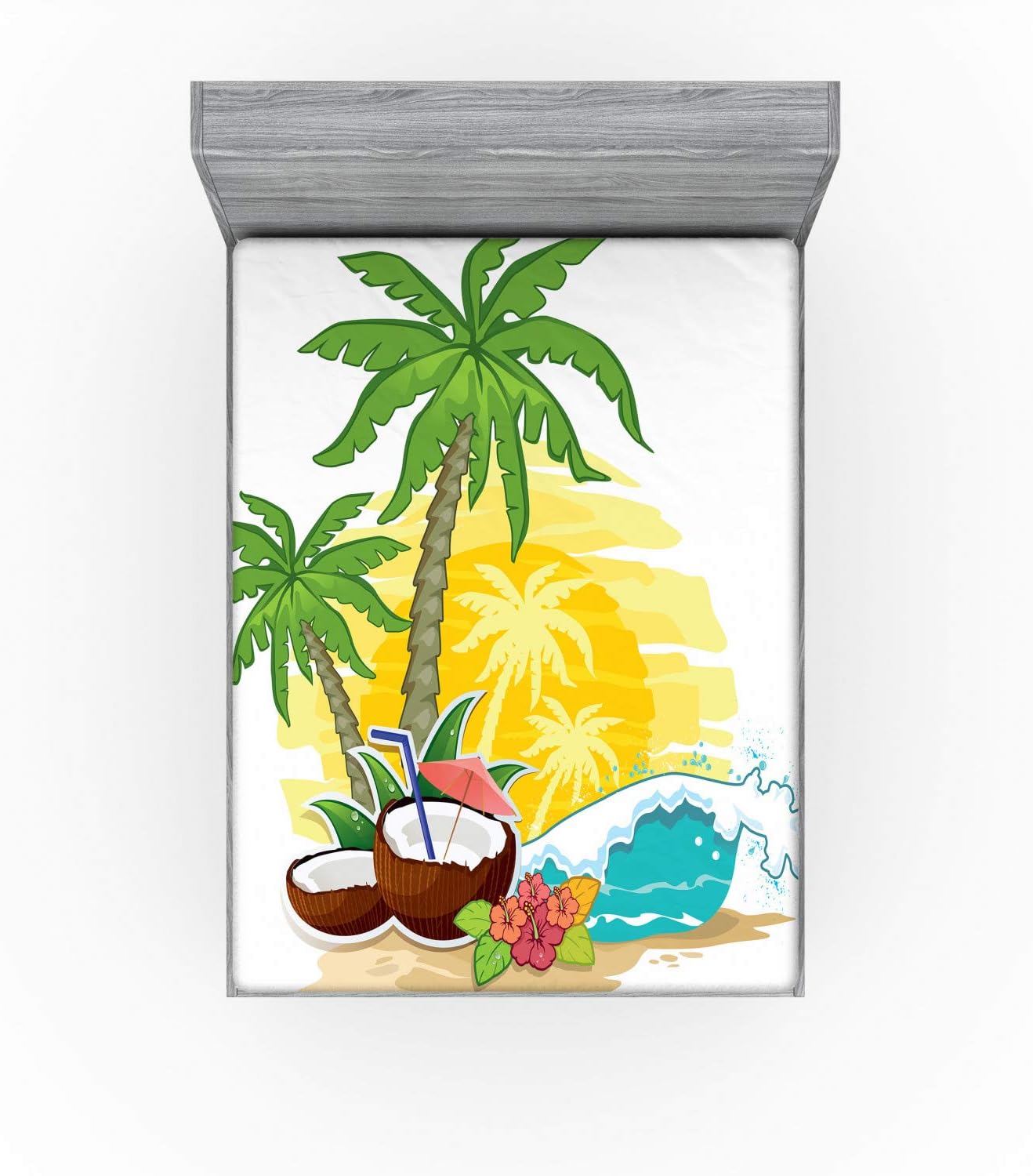 Ambesonne Cocktail Party Fitted Sheet, Tropical Landscape with Palm Trees and Coconut Drink Summer Travel Vacation, Bed Cover with All-Round Elastic Deep Pocket for Comfort, Queen Size, Multicolor