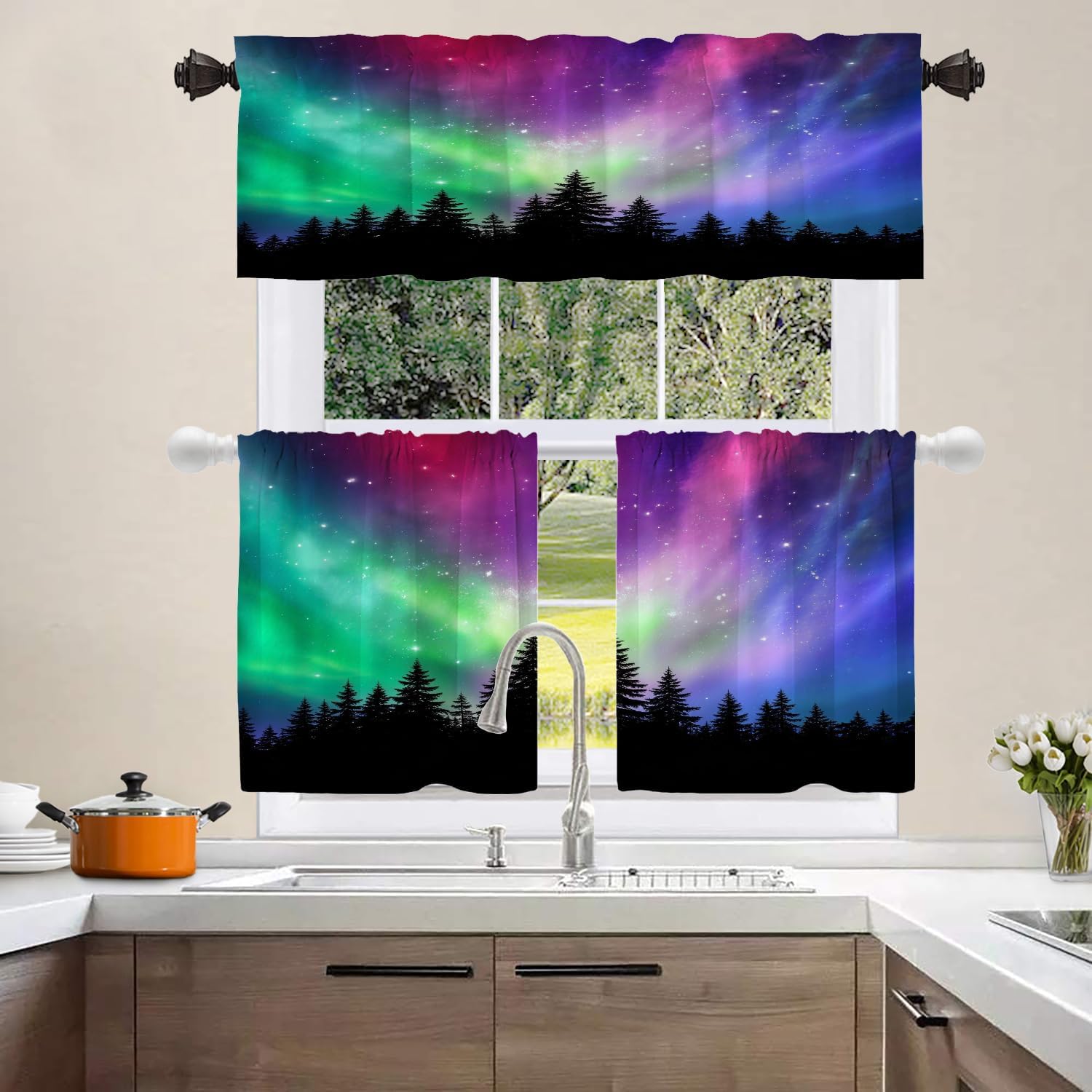 Shrahala Colorful Natural Northern Lights Kitchen Valances, Purple Phenomenon Forest Half Window Curtain Window Treatment Multilayer Polyester Blackout for Living Room Bathroom 52 x 18 in