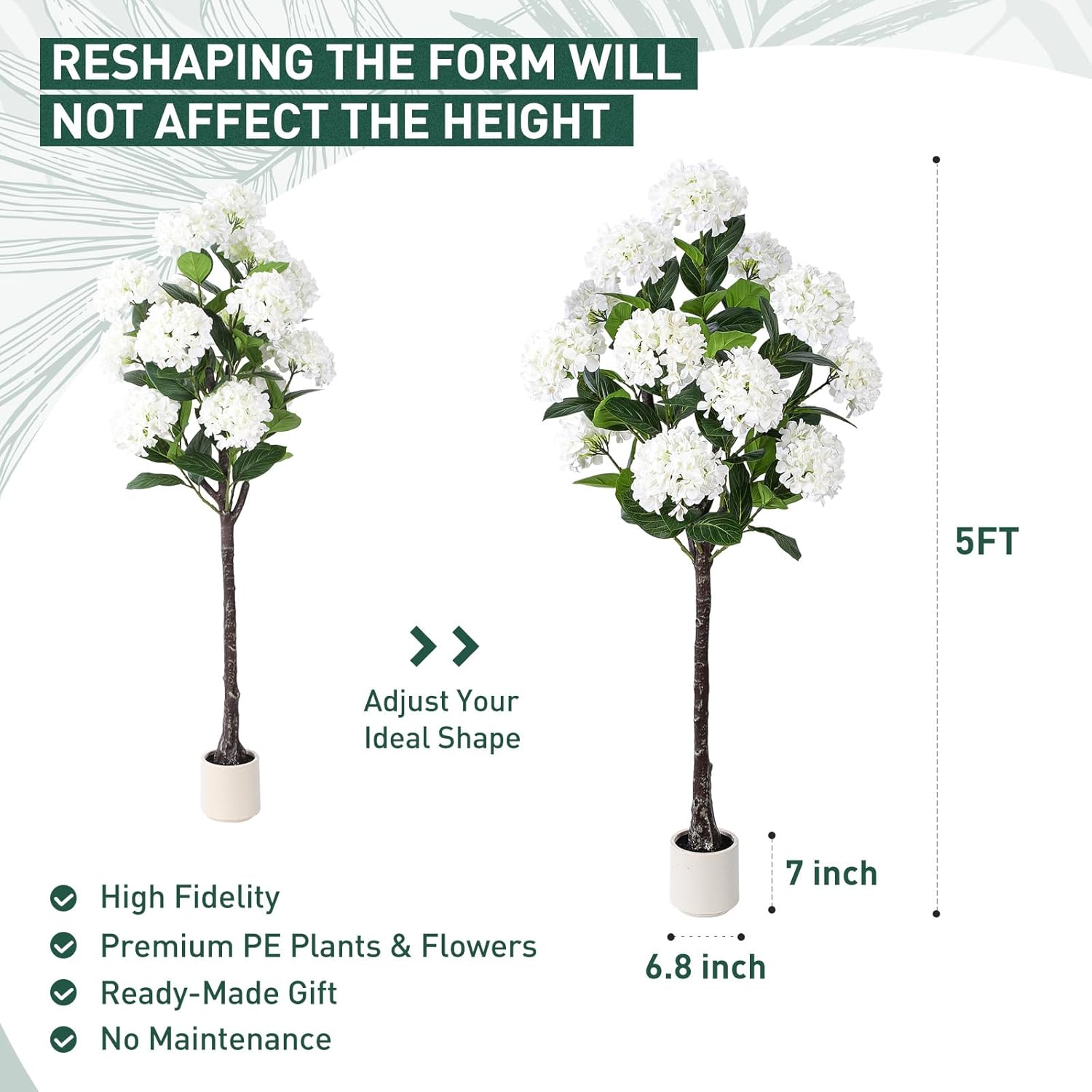 5 FT Artificial Hydrangea Tree- Large Faux Hydrangea Plants Indoor Outdoor,Fake Flower Trees with White Tall Planter for Home Garden,Front Decor - Image 7