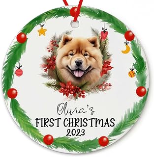 Dinoz My First Christmas Dog Chow Chow Lovers Décor, Baby Xmas Dog Santa Tree Decor Hanging Keepsake Gifts Round Circle Ornament Ceramic Personalized Name