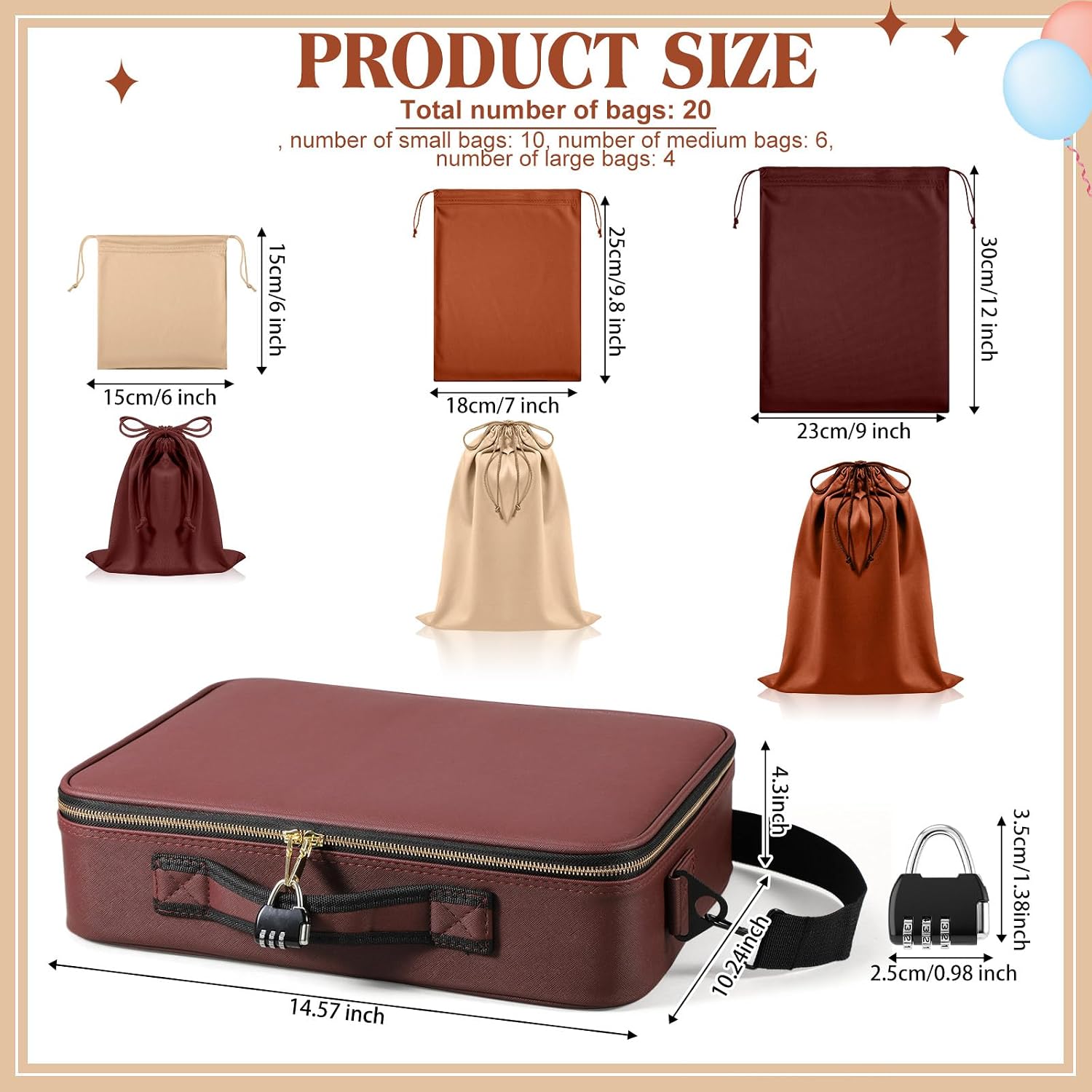 Eccliy Locking Adult Toy Bag Box Game Toys Storage Organizer with 20 Different Size Drawstring Bags Toy Storage Case for Women and Men(Dark Brown,15.75 x 11.42 x 4.3 Inches)