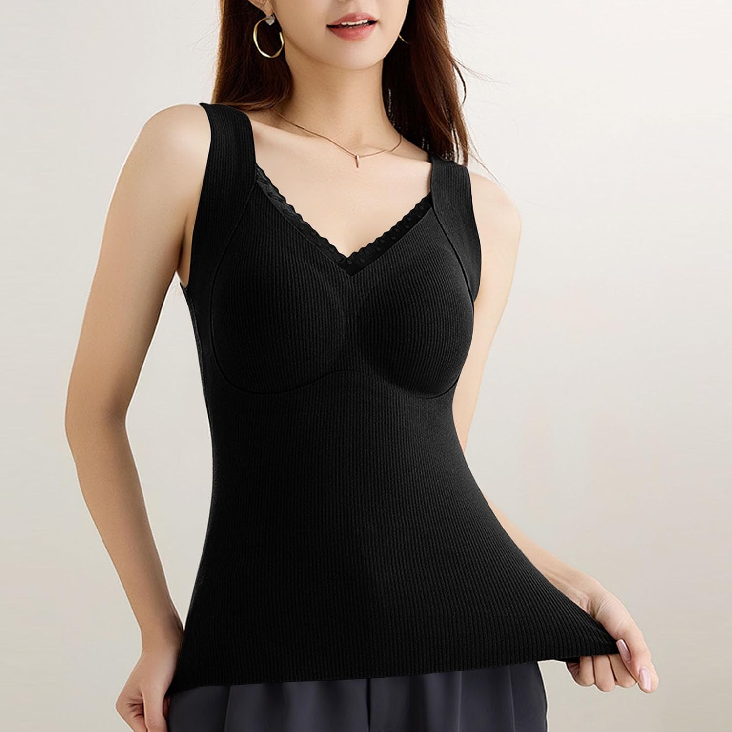 Winter Tank Tops for Women Solid Seamless Thermal Underwear V Neck Sleeveless Cozy Breathable Vest with Chest Pad