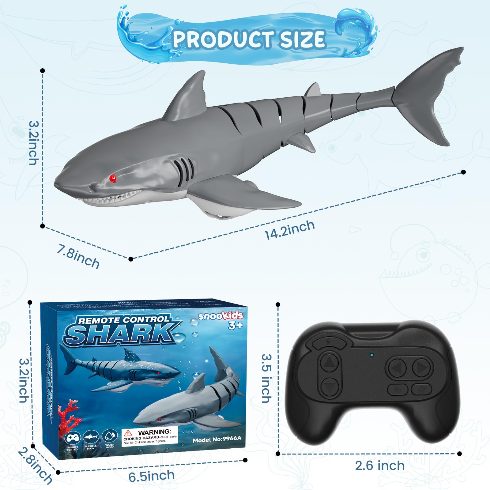 snookids Tiburón Teledirigido Juguete – 2,4 GHz Barco Teledirigido Simulación Shark, USB Recargable, Juguete Piscina con Luz en Ojos y Encendido Automático, Regalo para Niños y Niñas