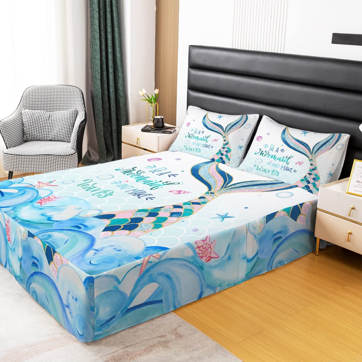 Erosebridal Little Mermaid Bed Skirt Full Kids Cute Mermaid Tail Sequins Bedding Blue Pastel Gradient Bed Skirts Girly Kawaii Princess Bedroom Decor Fish Scales Bedskirt 3 Pcs with 2 Pillowcases