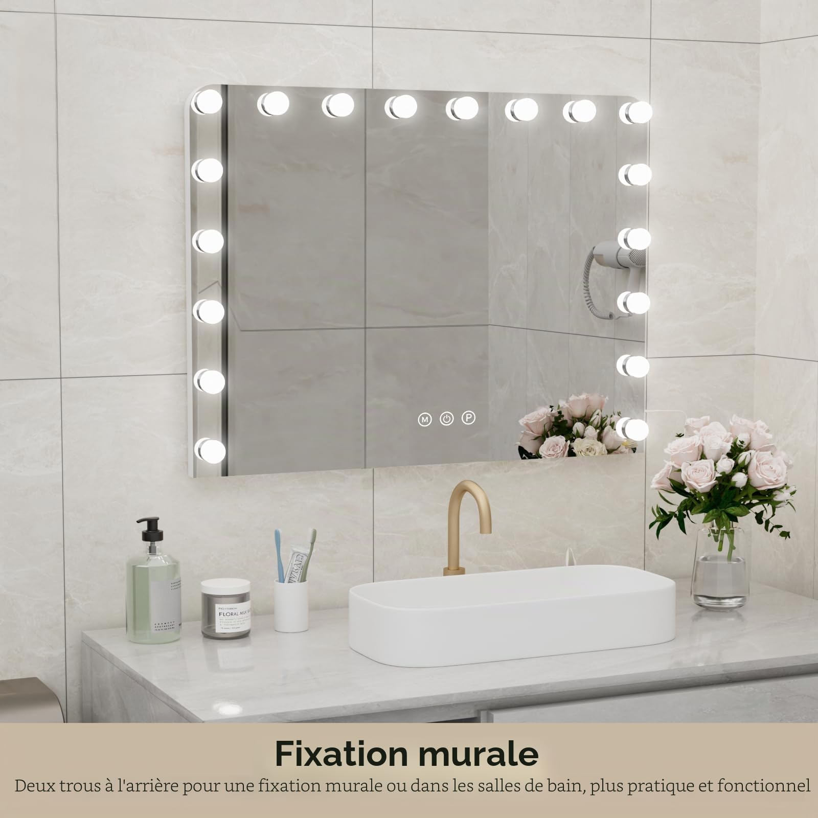 VOWNER Hollywood Miroir de Maquillage avec éclairage, 18 LED à intensité Variable, avec 3 Couleurs de lumière, Touch Control Vanity, avec USB et loupe 10x, pour Chambre à Coucher, Coiffeuse,80x60 cm