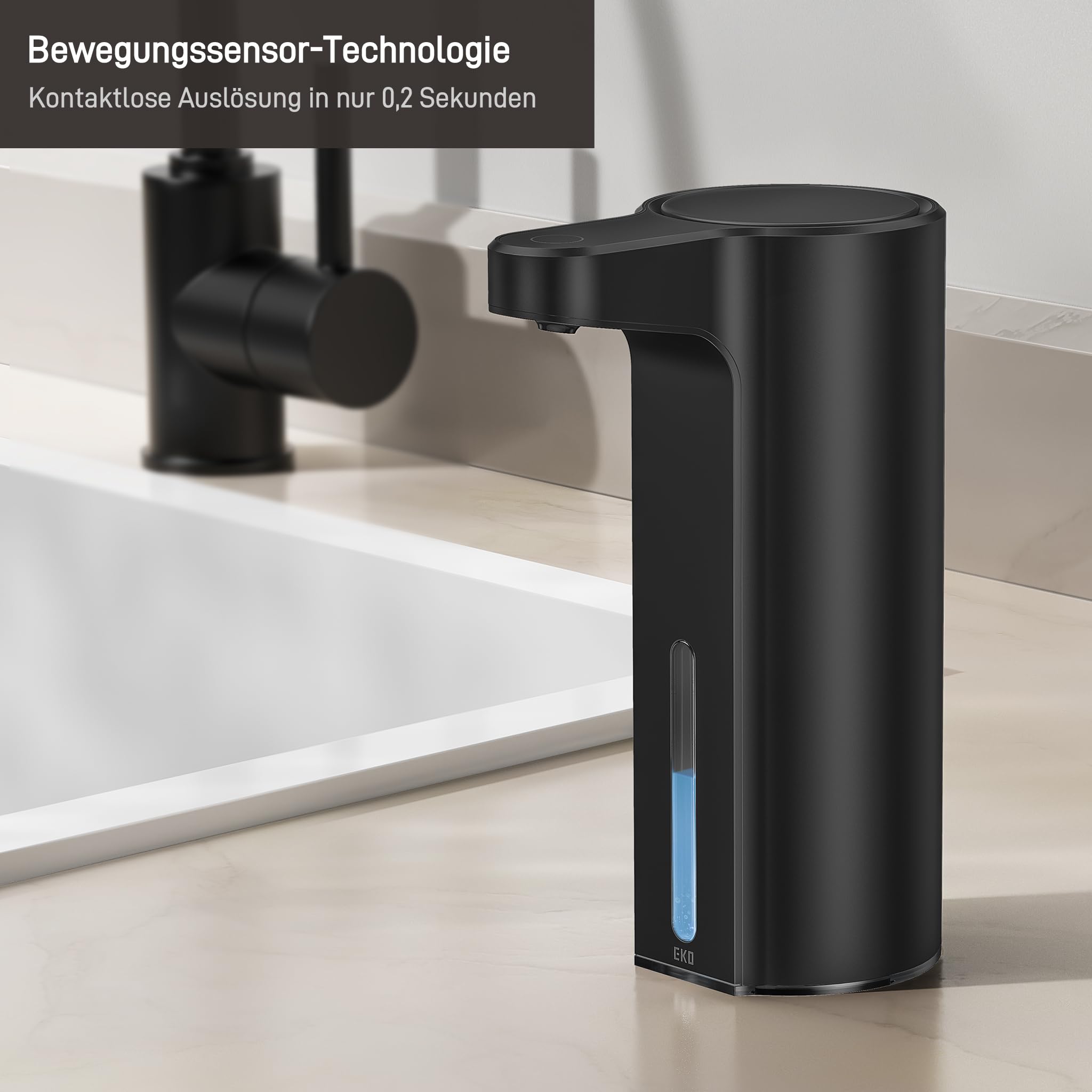 EKO Automatischer Seifenspender mit Sichtfenster, Spülmittelspender mit Infrarotsensor, 250 ml, USB-aufladbar, wasserdicht, einstellbare Dosierung, tropffrei, für Küche & Bad, Mattschwarz
