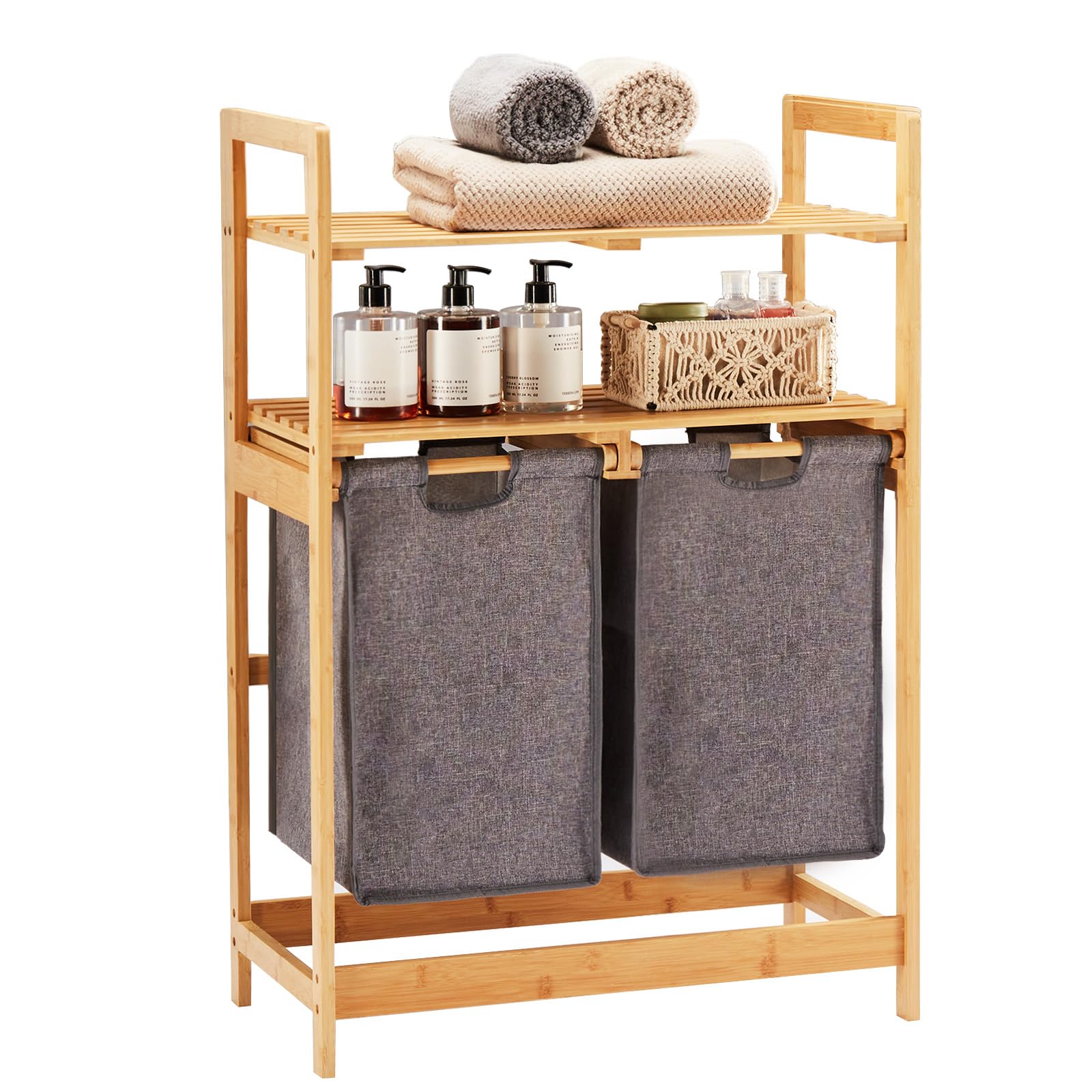 YOUDENOVA Cesto portabiancheria in bambù con 2 ripiani con 2 sacchetti di lavanderia estensibili per camera da letto, bagno o lavanderia, 93 x 64 x 33 cm, grigio