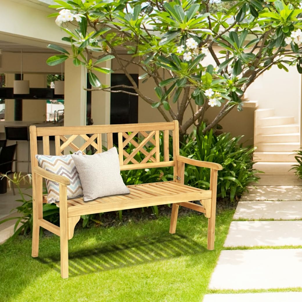 KOMFOTTEU Banc de jardin pliable pour extérieur, banc de jardin portable en bois d'acacia avec charge de 320 kg, banc 2 places pour terrasse, balcon, jardin