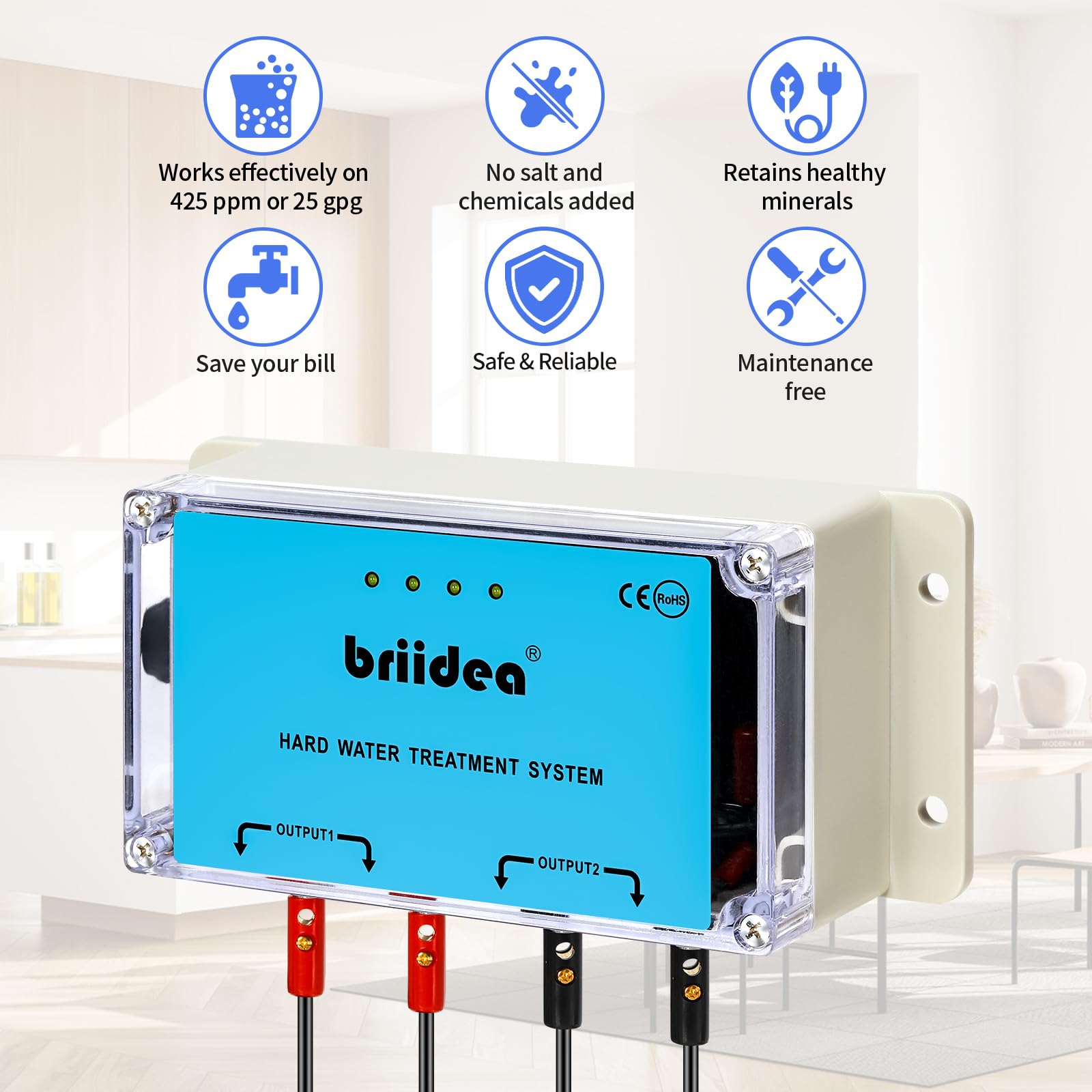 Descalcificador de agua, descalcificador de agua briidea para toda la casa con alta eficiencia en la escala de disolución, sin productos químicos, sal o filtros, fácil de obtener un ambiente de agua
