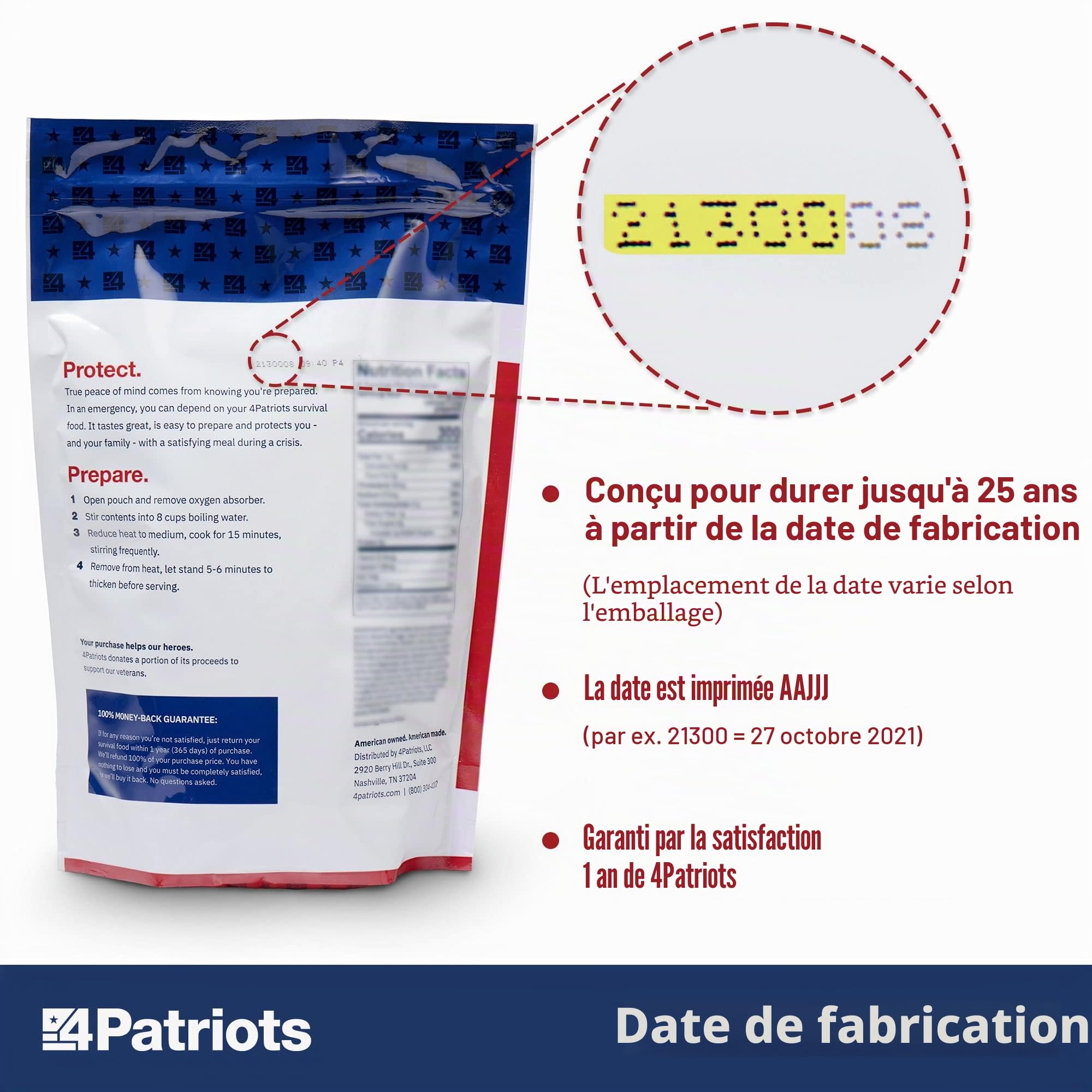 4Patriots Kit alimentaire de survie 72 heures : nourriture d'urgence résistante aux catastrophes avec une incroyable variété conçue pour durer 25 ans dans des sachets alimentaires d'urgence, 20