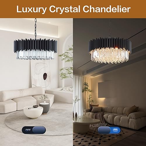 Miniatura 4 de Candelabro de cristal negro de 23.62 pulgadas K9 redondo con luces colgantes ajustables de 5 niveles, gran lámpara de cristal moderna para comedor,