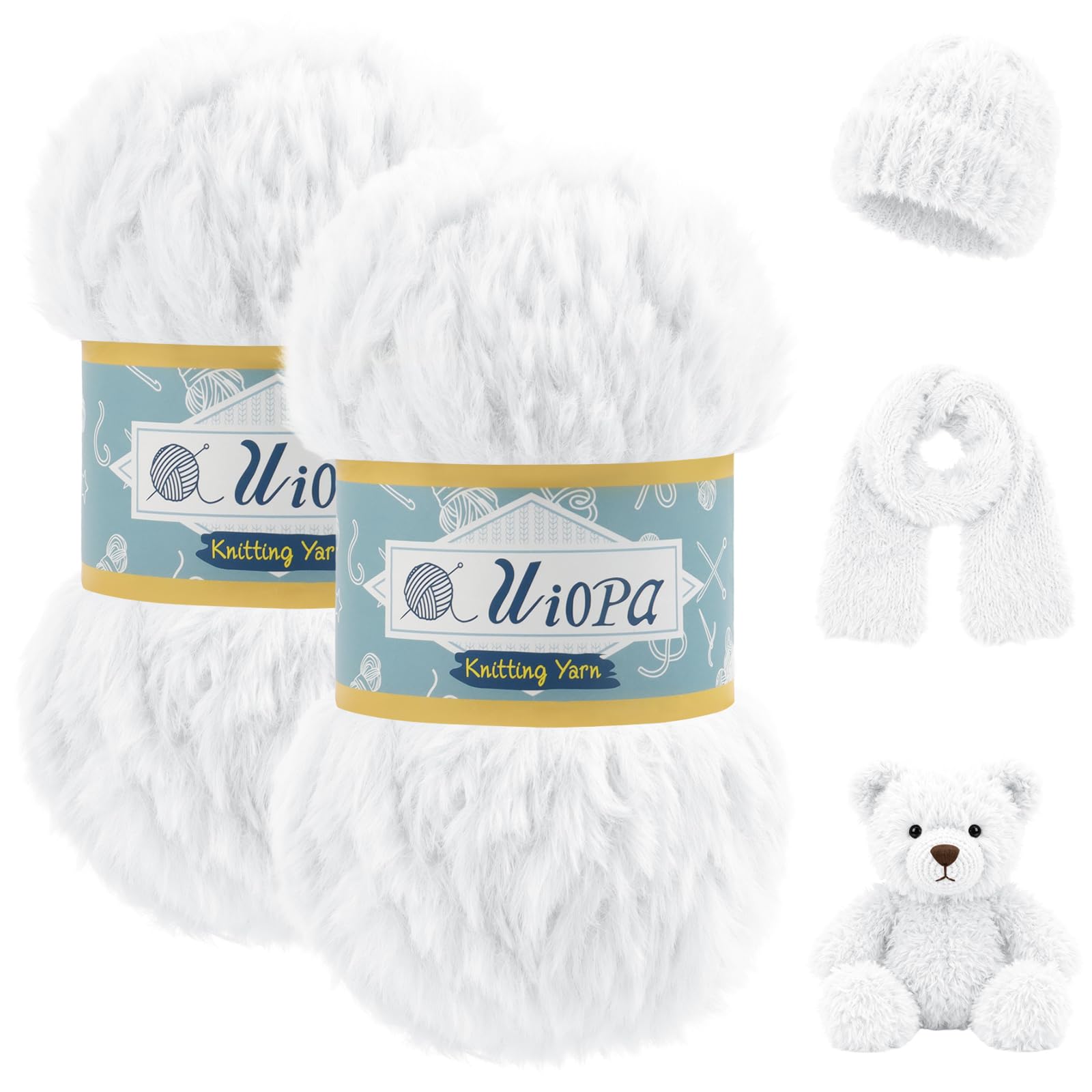 Uiopa White Faux Fur Yarn, 2 x 100g (2 x 56m) Polyester Fluffy Yarn for Crochet, Plush Knitting Wool Chunky Fluffy Wool for Scarves Hats Shawls Amigurumi DIY Crafts