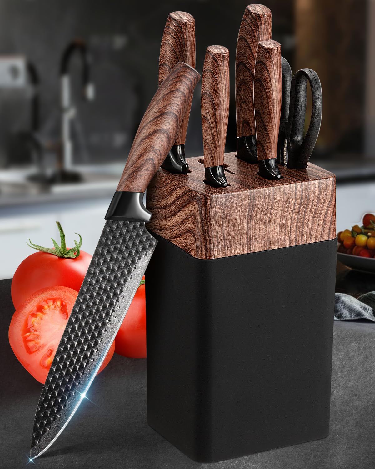 Messerblock Set, 7-teilig Scharf Messerset mit Block, Deutsche Klingen aus Hochwertigem Edelstahl und Ergonomische Griffe, Profi Küchenmesserset für Den Heimgebrauch（Nicht-Holz）