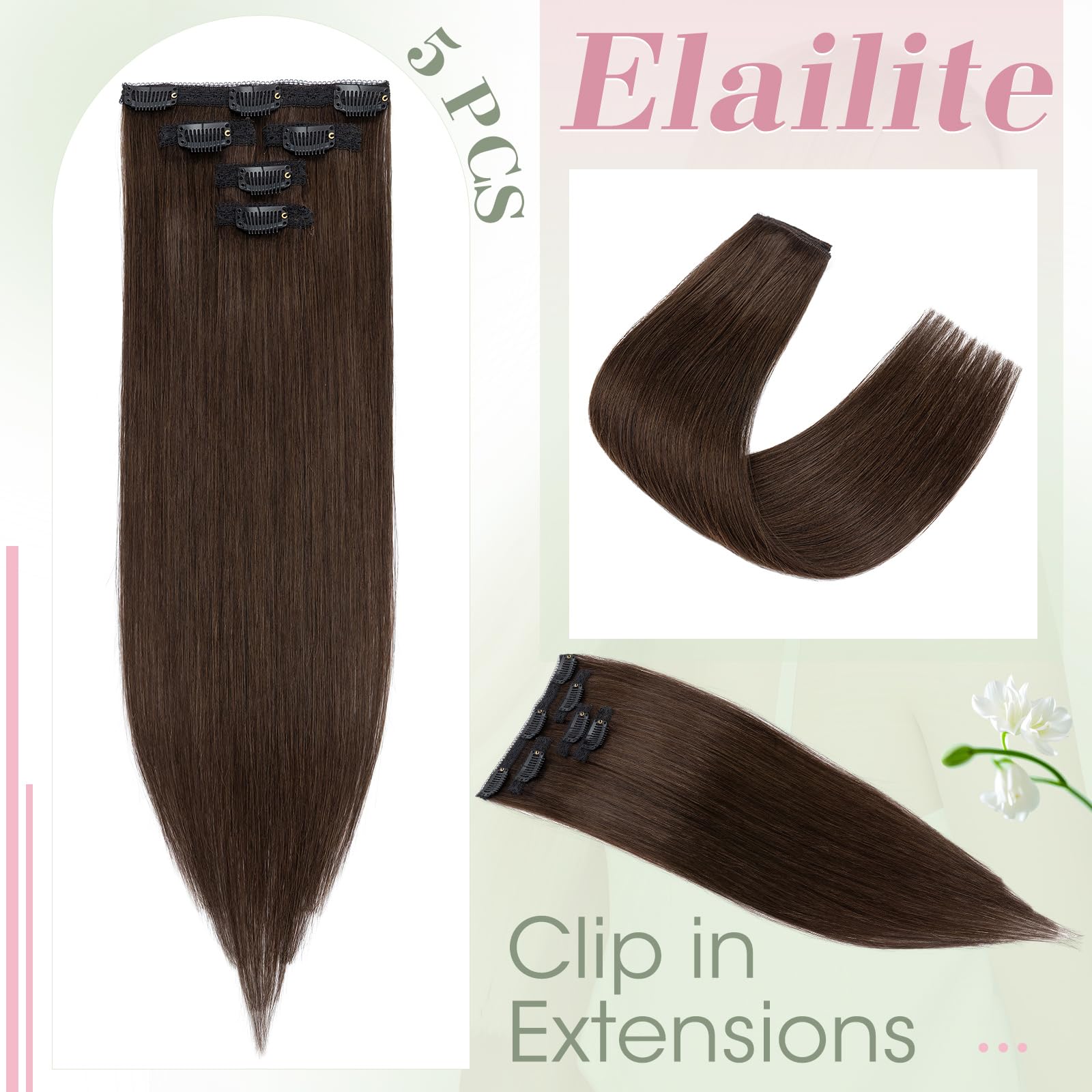 Elailite Echthaar Extensions Clip Silk Lace in Tressen 5Stücke Haarverlängerung Haarteile Unsichtbar 55g 55cm für Volumen/Meches #2R Dunkelbraun