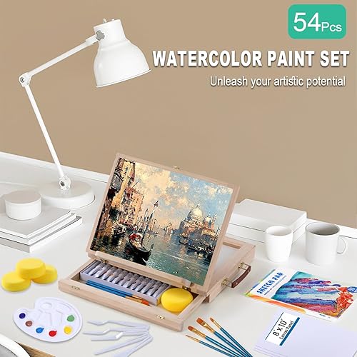 Miniatura 8 de Juego de pintura de acuarela de 54 piezas con caballete de madera portátil, suministros completos de pintura para principiantes con pinturas de