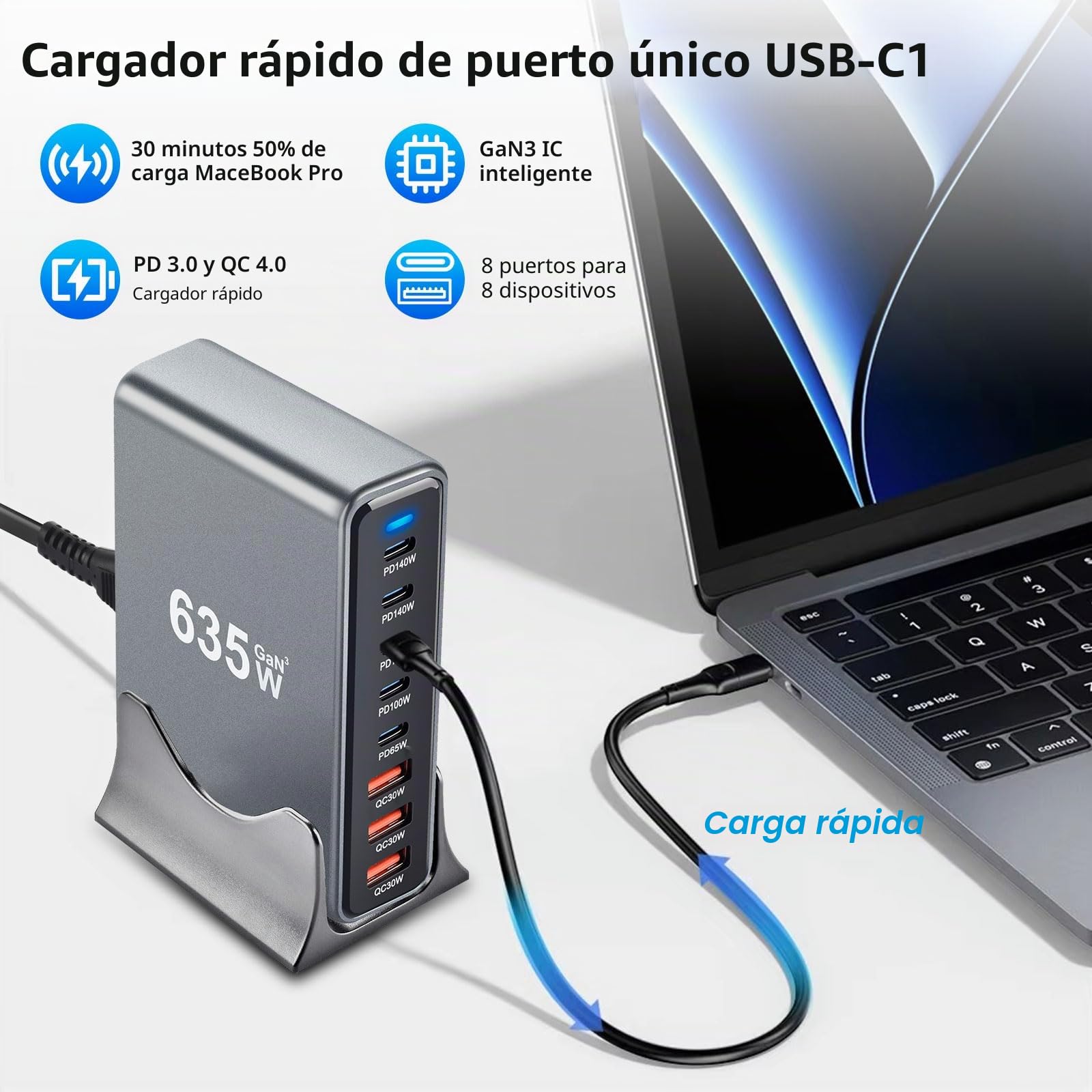 ARCELI USB C Chargor 635W 8-Port, GAN III Charging Station, USB c Charger with 5 x USB-C PD + 3 x USB-A QC4.0, Fast Charger for Phone 16/15/14 Pro MAX, Samsung Galaxy, MacBook, Pad, Laptop