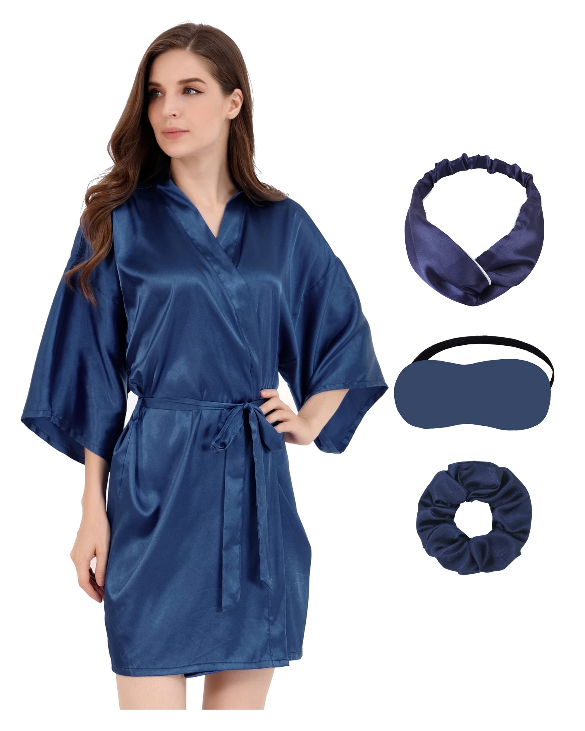 DOLOS Women satin Short Robes Wedding Party Bride Bridesmaid with Hair Bands Blindfold Elastic Hair Scrunches, Cs-navy, XXL/3XL