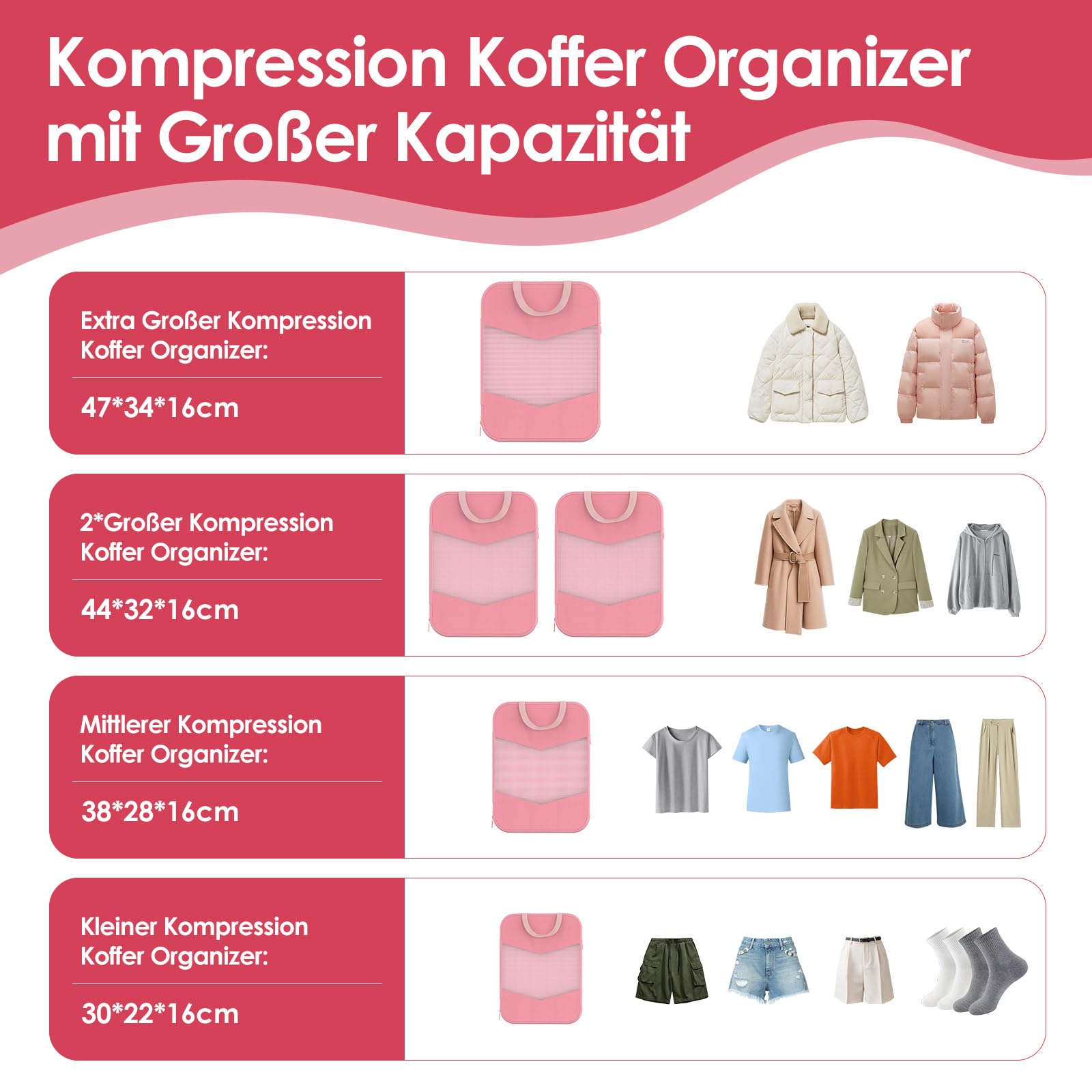 10-teilige Packing Cubes Compression Set, Kompressions-Aufbewahrungsset inkl.Wäschesack/Schuhbeutel/Unterwäschebeutel/Kordelzugbeutel/transparenter Kulturbeutel (Rosa Kompression 10 Pcs)
