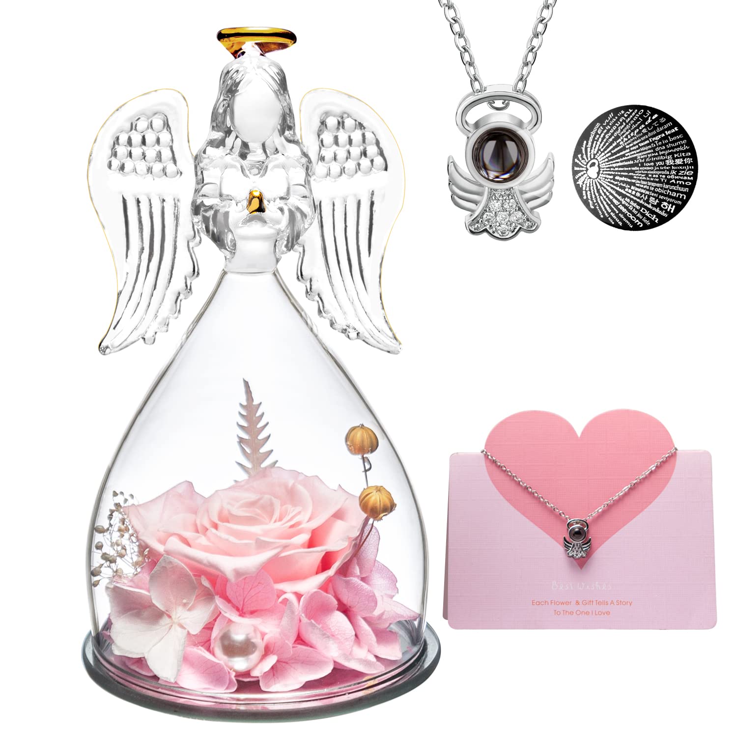 GLUNKS Preserved Rose In Glass Angel Figurine - Pink Rose Gift For Women, Mom, Grandma, Teacher - View #4