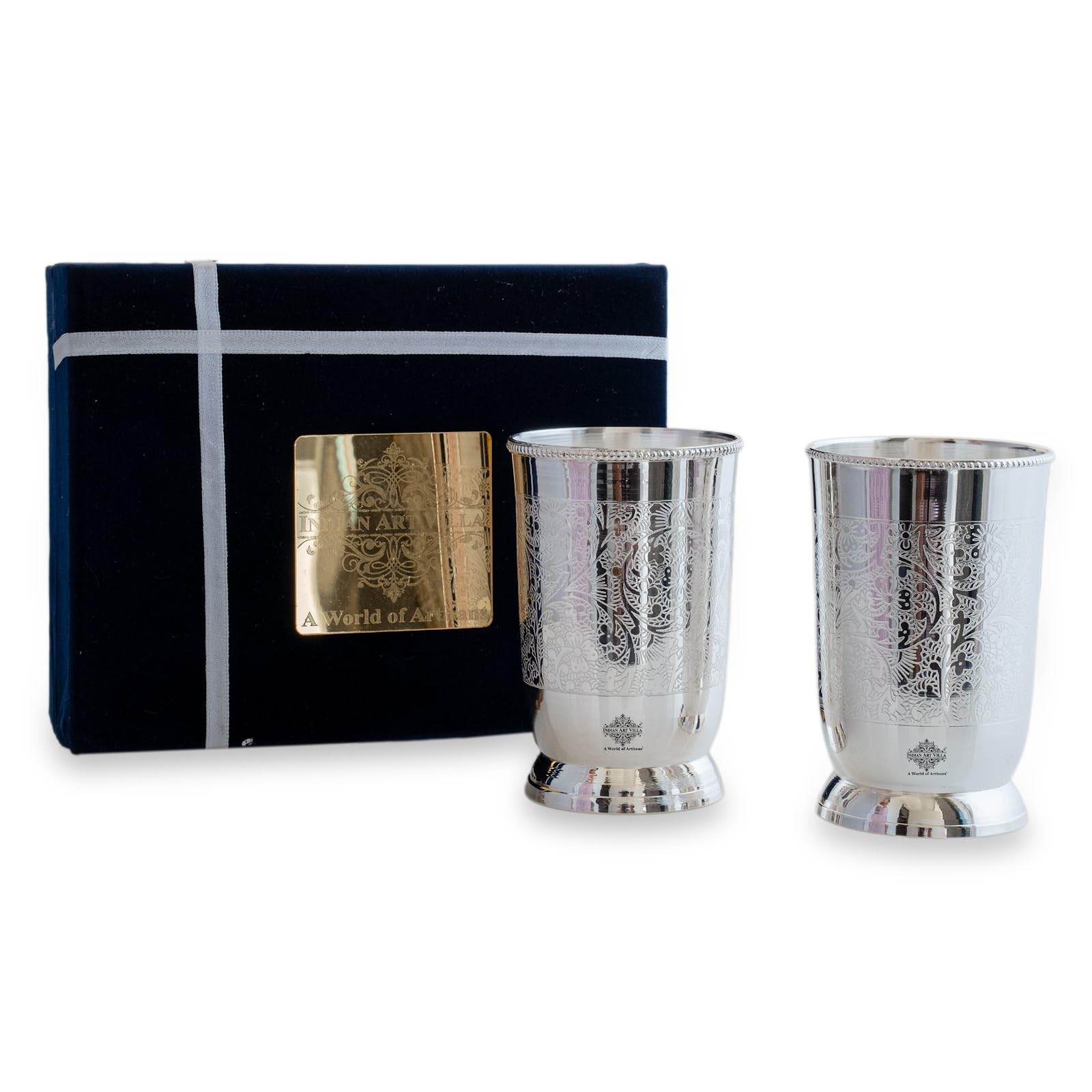 Indian Art Villa Silver Plated Designer Glass Set of 2 with Blue Box Embossed Design Serveware and Drinkware
