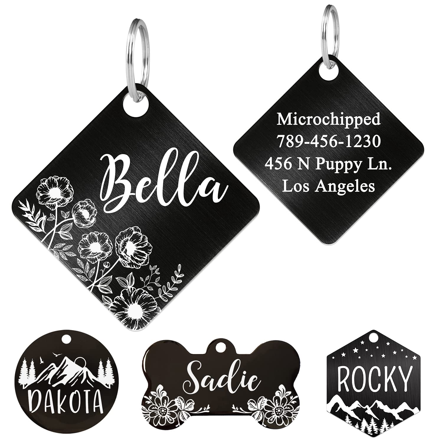 Ultra Joys Stainless Steel Pet ID Tag - Custom Dog & Cat Tags, Personalized Front & Back Engraving, Diamond Tag Vine Flower Design, Black, Large