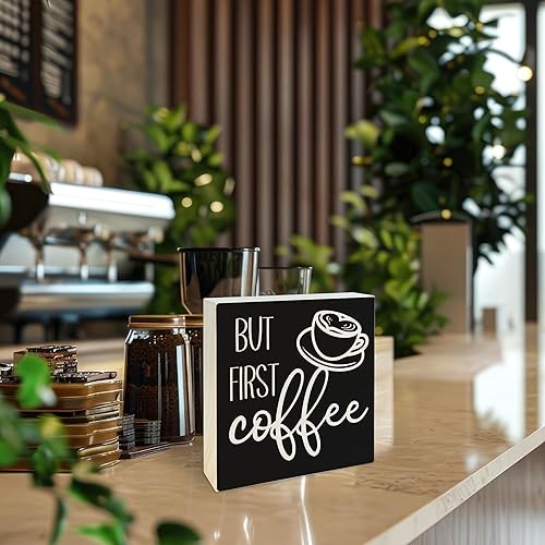 Miniatura 3 de Letrero de café de 5 pulgadas, pero primer café, decoración de mesa de cafetería, letrero de bloque de madera para decoración rústica de cocina de