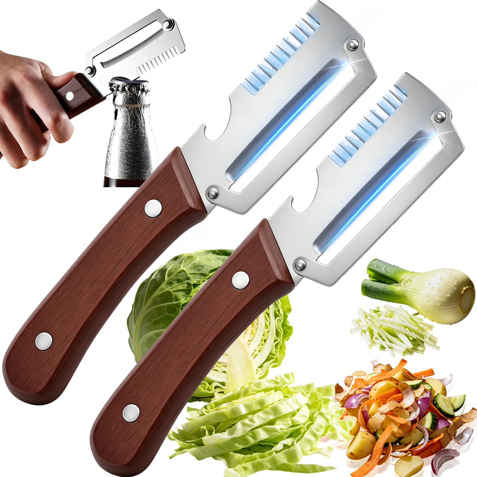 TYHBRV Elite Vegetable Peeler, Multifunctional Julienne Peeler Vegetable Peeler for Kitchen, 3-in-1 Shredder Stainless Steel Thickened Fruit Peeler Knife & Bottle Opener (2PCS)(2PCS)