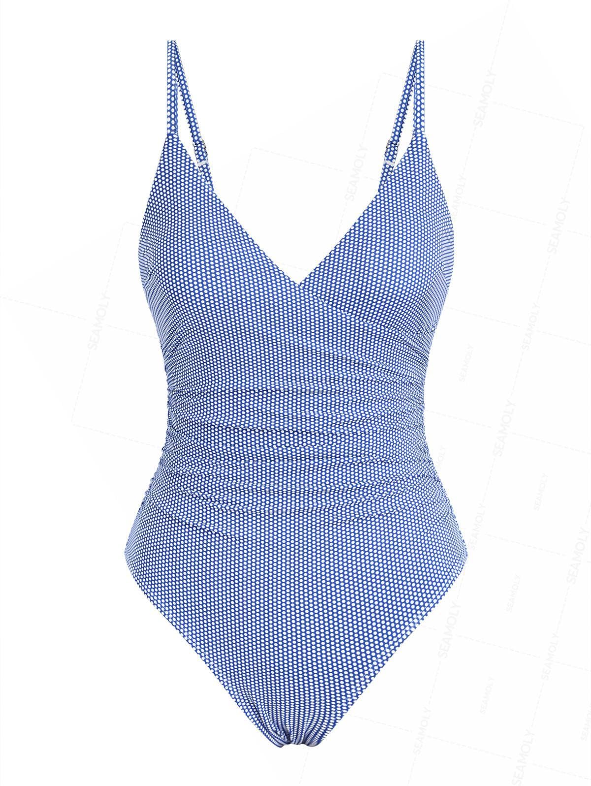 seamoly Blue Gingham Tie Around Criss Cross Backless Plunging Neck One-Piece Swimsuit-picture-7