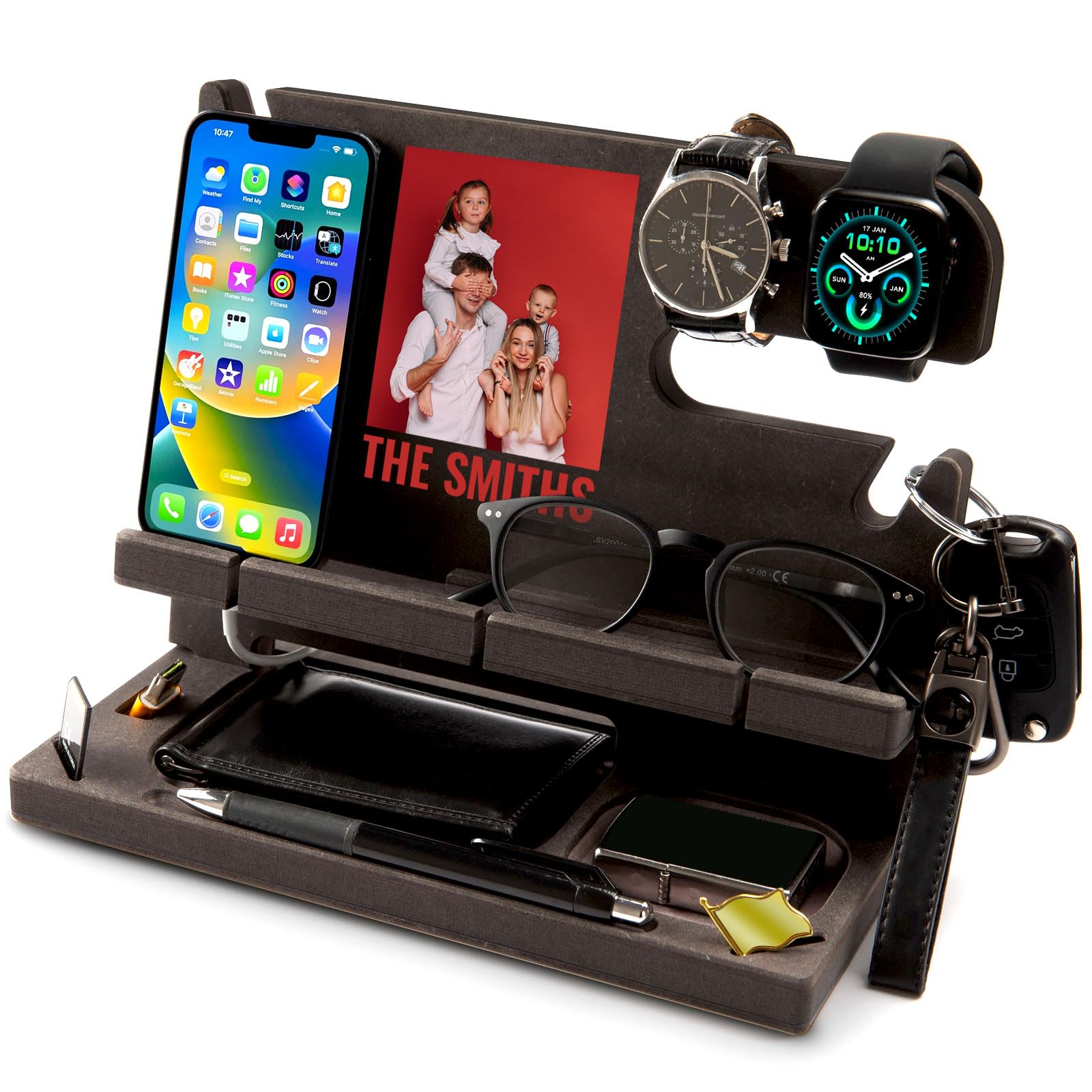 Organizzatore da scrivania Personalizzato con foto, Svuotatasche Compatibile con Smartphone, Supporto Carica Orologio, Regalo per Uomo, Natale, Compleanno, Anniversario, San Valentino
