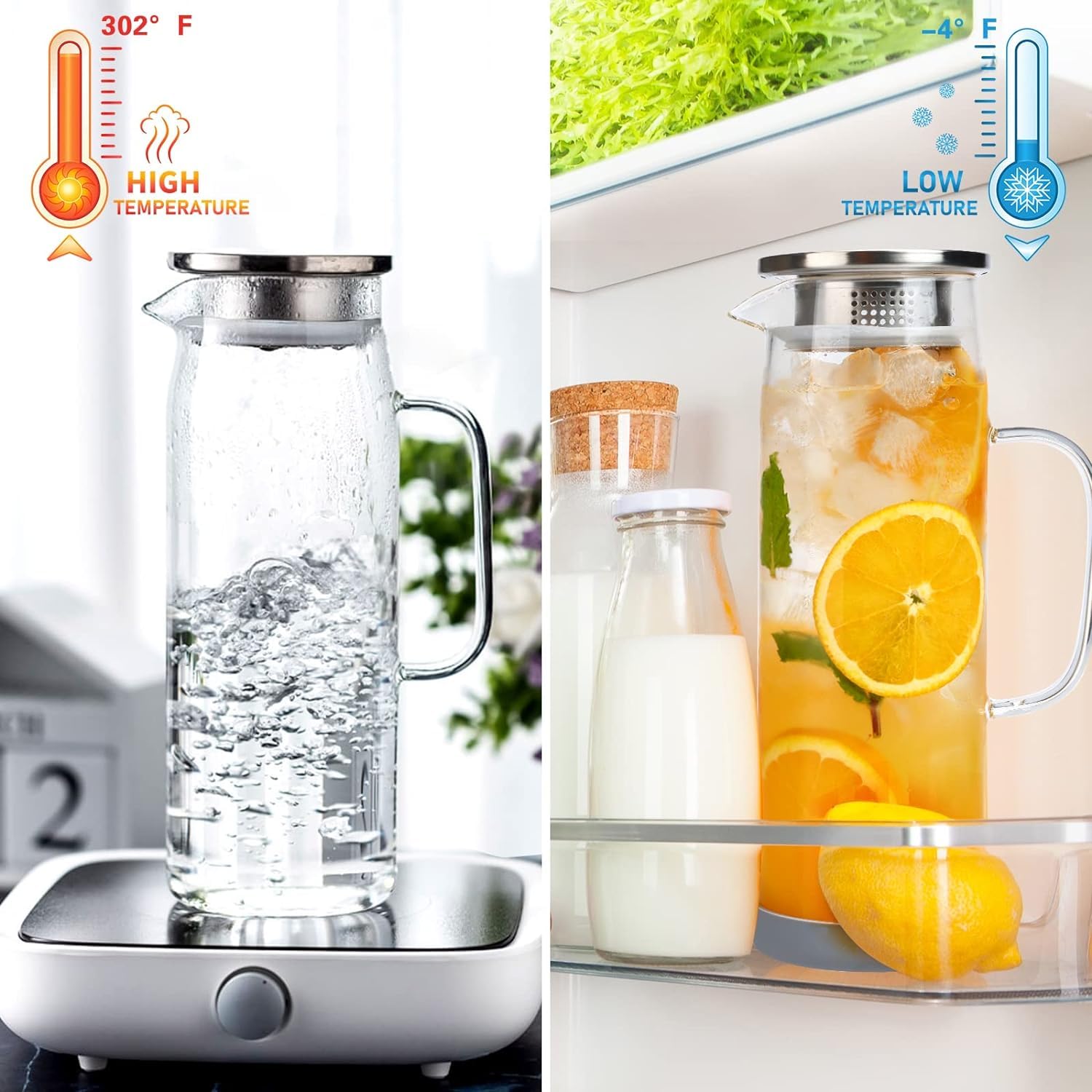 Litimkat Szklana karafka na wodę, 1,5 l, odporna na wysokie temperatury, dzbanek na wodę z zamkniętą pokrywką, do gorącej/zimnej wody, wina, mrożonej herbaty i napojów sokowych