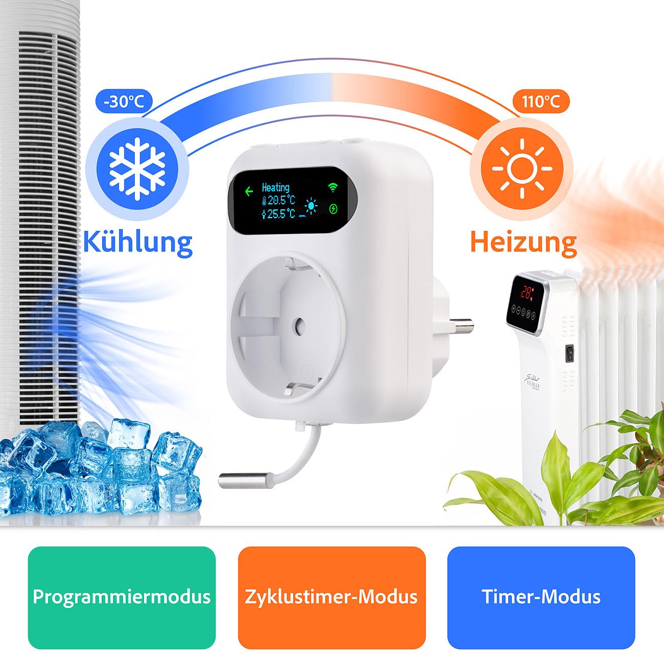 revolt Termostato Wi-Fi Alexa: Set da 2 Termostato Wi-Fi per prese, per dispositivi di riscaldamento e climatizzazione, App (presa termostatica con sensore, presa smart home, LAN)