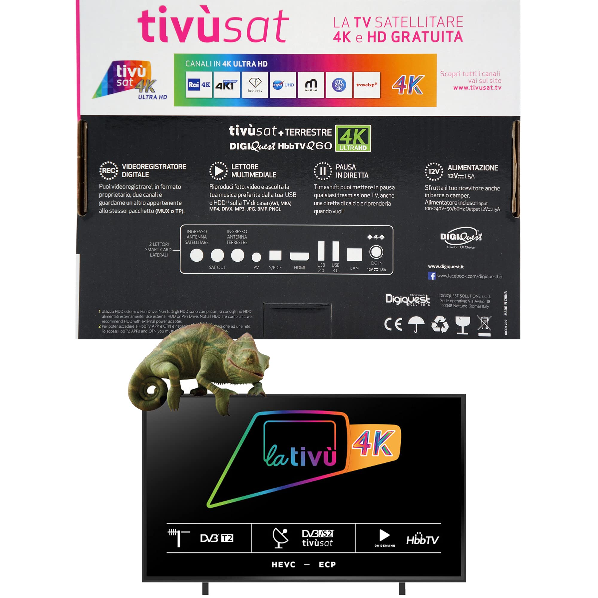 TiVuSat Karta 4K UHD + DIGIQuest Q90 Combo Receiver 4K H.265 S2+T2 HEVC Set-Top Box, certyfikowany odbiornik TiVuSat z kartą (nie jest aktywowana), odtwarzacz multimedialny, radio internetowe, USB PVR