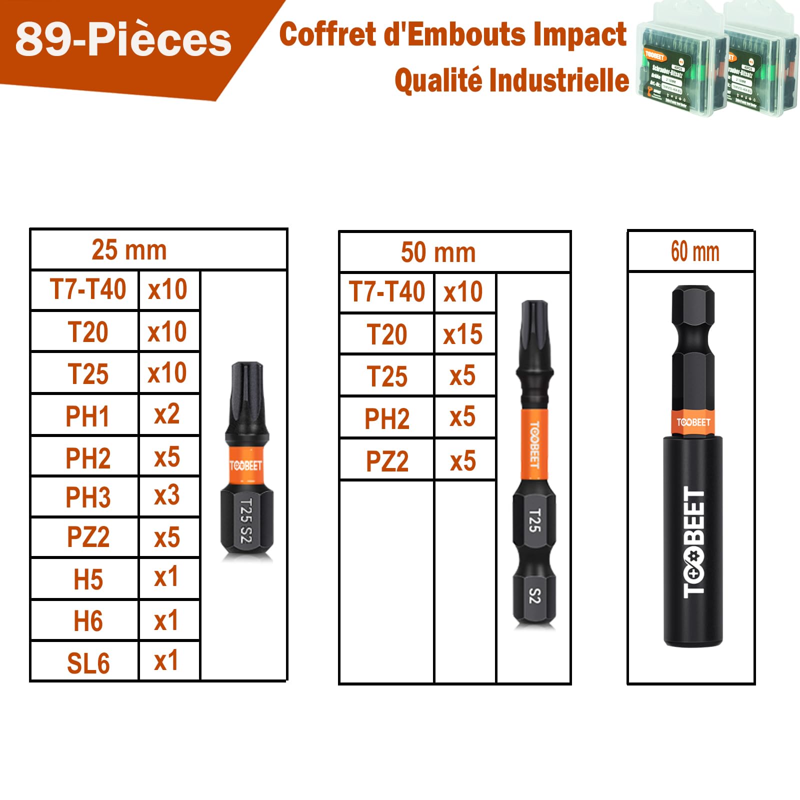 Jeu de 89 Embouts de Vissage Torx, Phillips (PH), Pozidriv (PZ), Hex, Fente, Mix 25 & 50 mm, Acier S2 Qualité Industrielle, Embouts Magnétique pour Visseuse à Choc avec Porte-Embout et Coffret