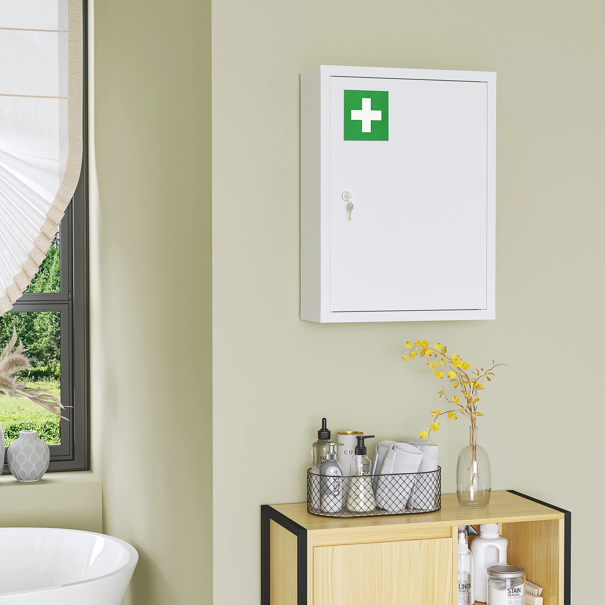kleankin Armoire à Pharmacie Murale en Acier, Armoire à médicaments Murale à 3 Niveaux avec Porte verrouillable 2 clés, Meuble de Salle de Bain, Couloir, Salon, 40 x 15 x 53,5 cm, Blanc