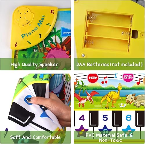 Miniatura 4 de M SANMERSEN Tapete de piano para niños 43 x 14 pulgadas teclado de suelo de dinosaurio tapete de juego de música baile con 10 canciones de