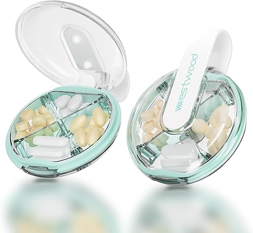 Paquete de 1 organizador de píldoras verde redondo pequeño, 4 compartimentos, compacto y elegante estuche de pastillero de viaje para camping,