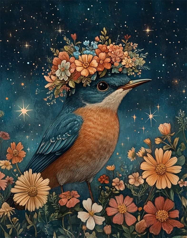 Henypt 11Ct DIY Stamped Cross Stitch Kits for Adults Robin Bird Wearing A Floral-Wreath Hat Cross Stitch Kits Landscape Oil Painting Cross-Stitch Kits Counted Embroidery Kits for Adults