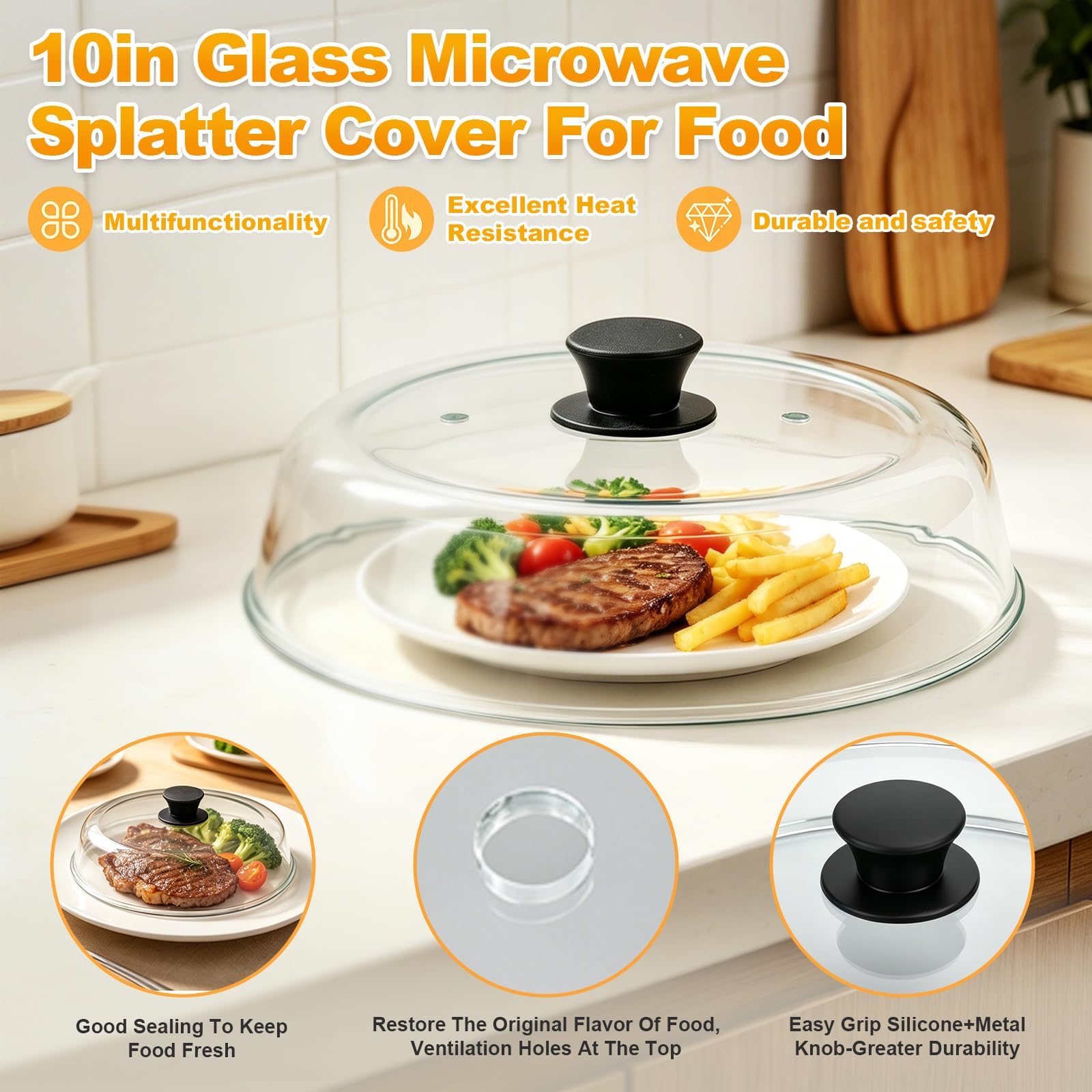 10in Cloche Micro Onde Verre, Couvercle Micro-Ondes En Verre Borosilicaté, Sans Bpa, Avec Trou D'aération, Compatible Lave-Vaisselle, Convient Aux Cuisines Et Aux Bureaux