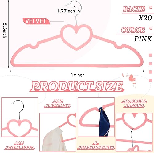 Miniatura 2 de Tessco 40 perchas de terciopelo para ropa con clips, terciopelo antideslizante, duradero, ahorro de espacio, en forma de corazón, gancho giratorio