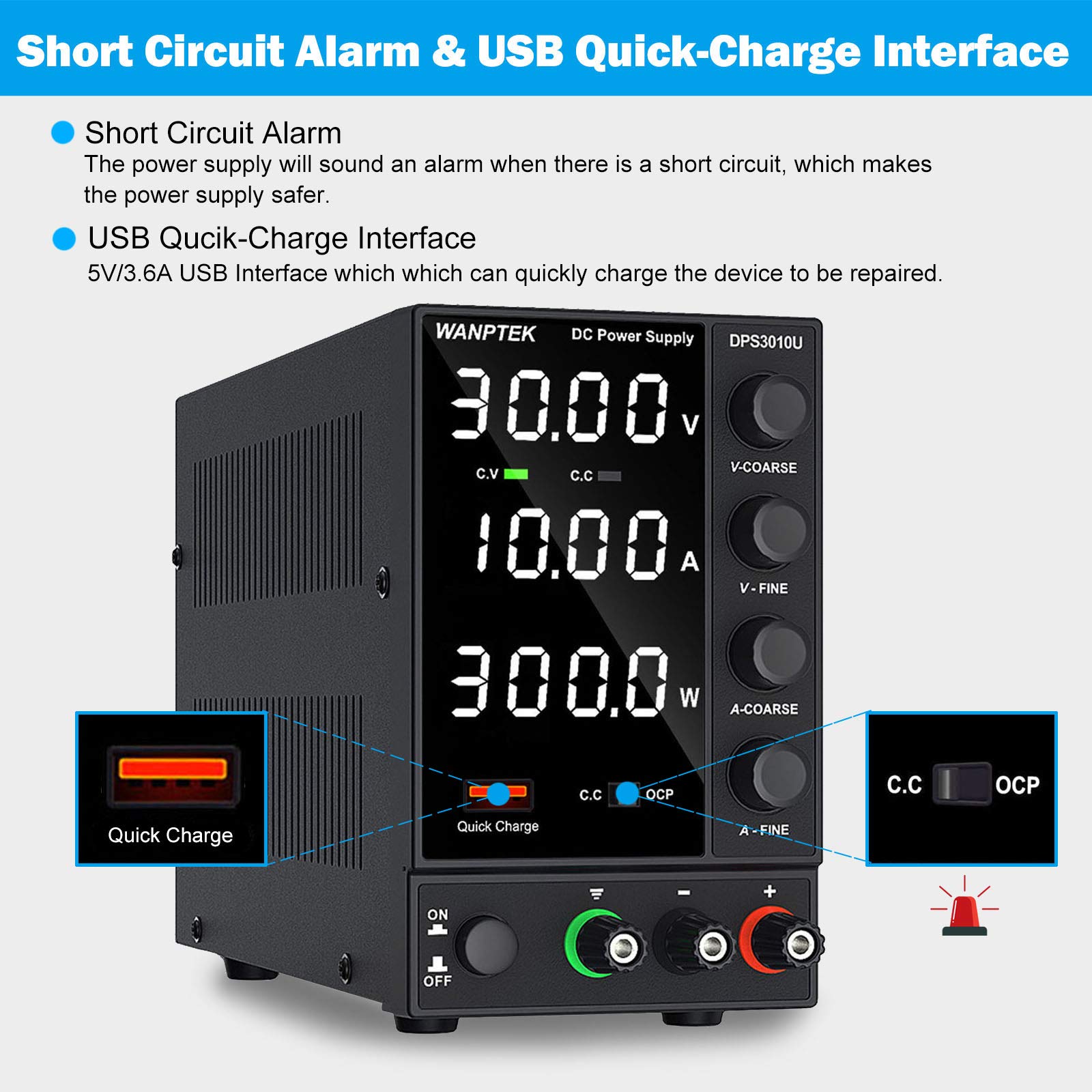 DC Power Supply Variable, Adjustable Switching Regulated Power Supply (0-30 V 0-10 A) with 4-Digits LED Display, 5V/3.6A USB Quick-Charge Interface, Short Circuit Alarm, Coarse and Fine Adjustments