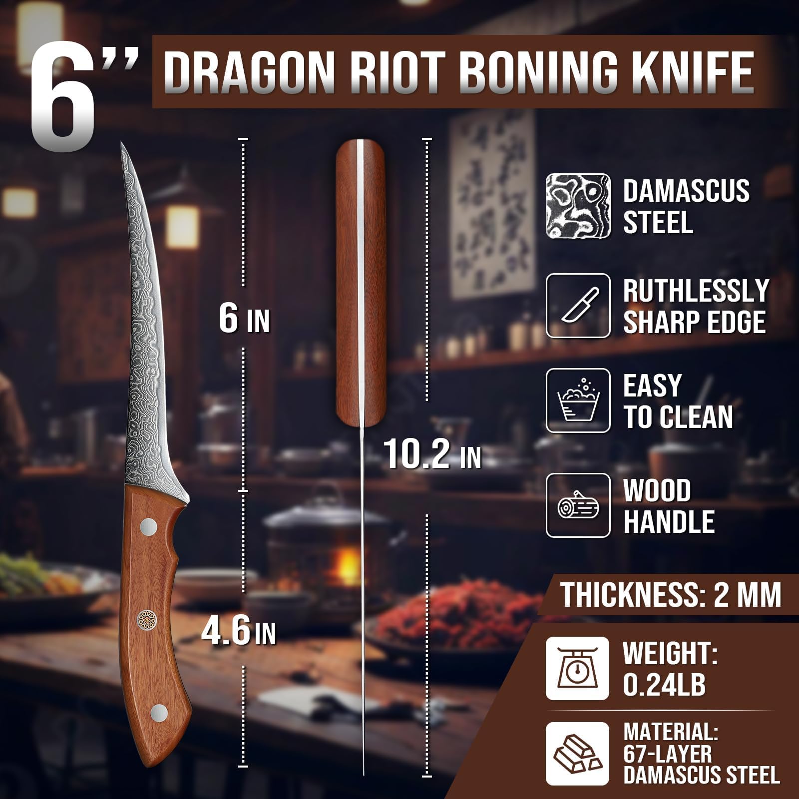 DRAGON RIOT Ausbeinmesser profi, Fleischmesser extrem Scharf Damastmesser mit Ergonomischer Griff, Damaststahl Filetiermesser Metzgermesser profi Grillmesser, Damast Messer für fleisch