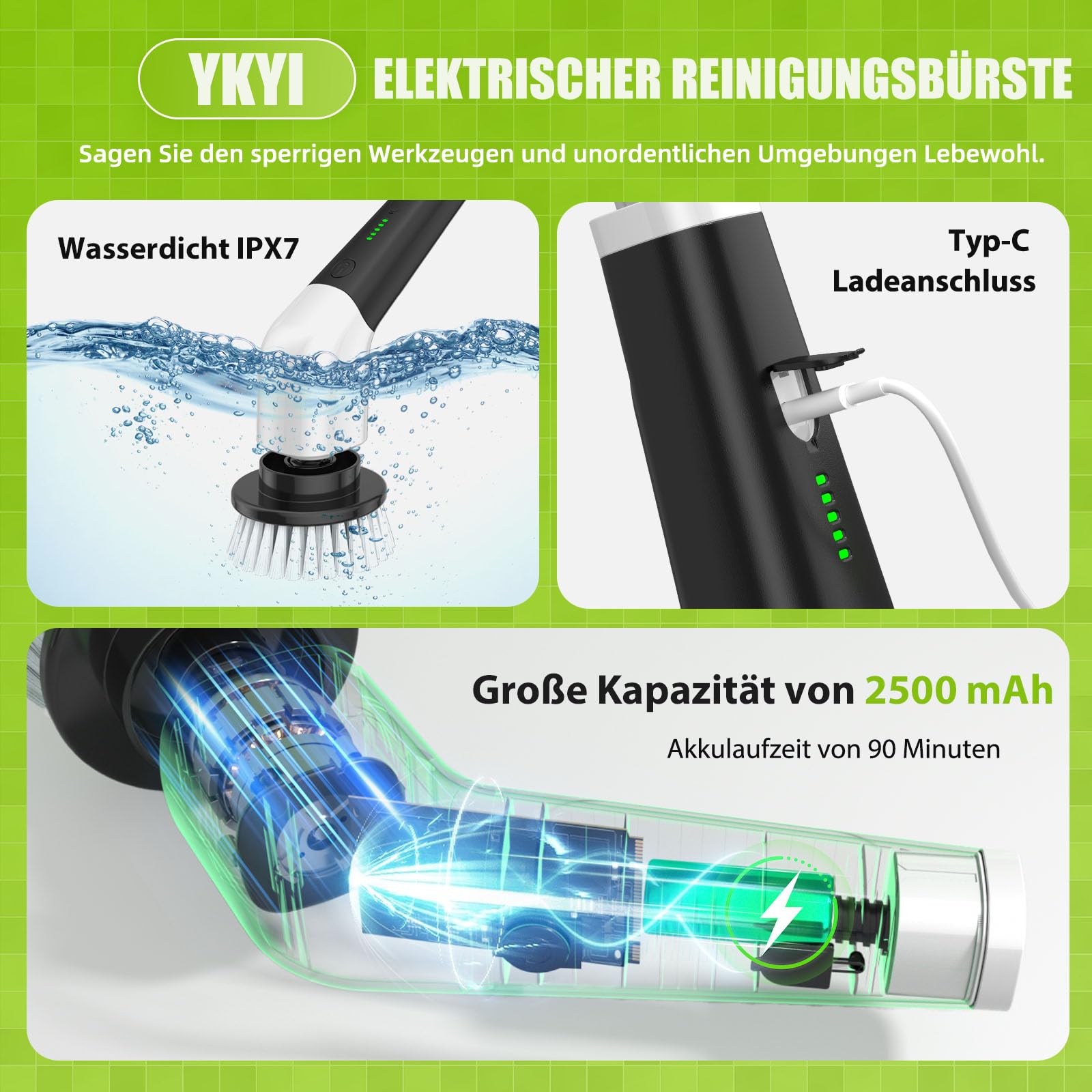 YKYI Elektrischer Reinigungsbürste,Spin Scrubber mit 8 Austauschbaren Bürstenköpfen,IPX7 wasserdichter,Schrubber für Badezimmer,Boden,Küche