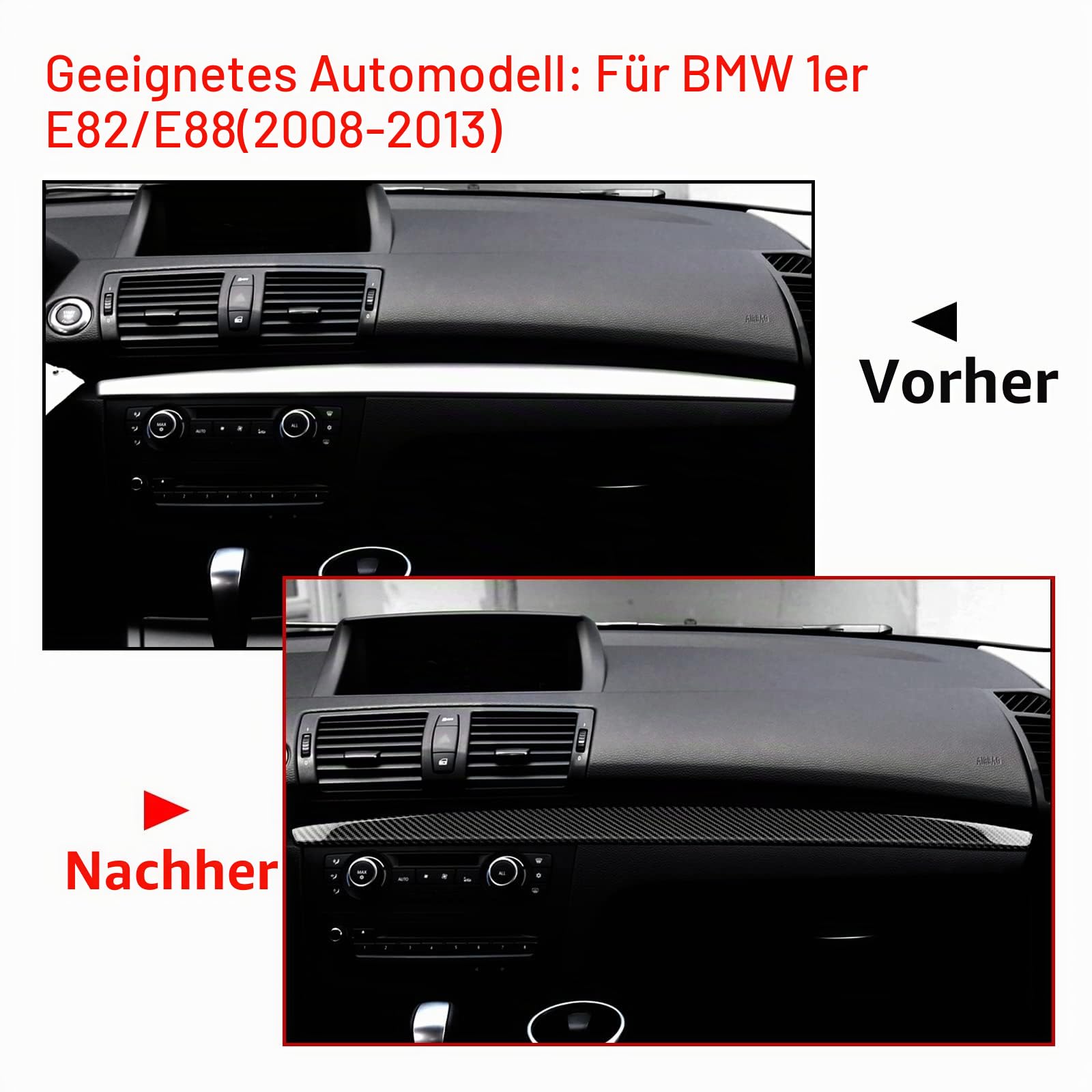 KUNGKIC Kohlefaser Auto Co-Pilot Instrumententafel Trim Strip Aufkleber Innenraum Compatible with BMW 1 Serie E81 E82 E87 E88 2008 2009 2010 2011 2012 2013 Zubehör,Schwarz