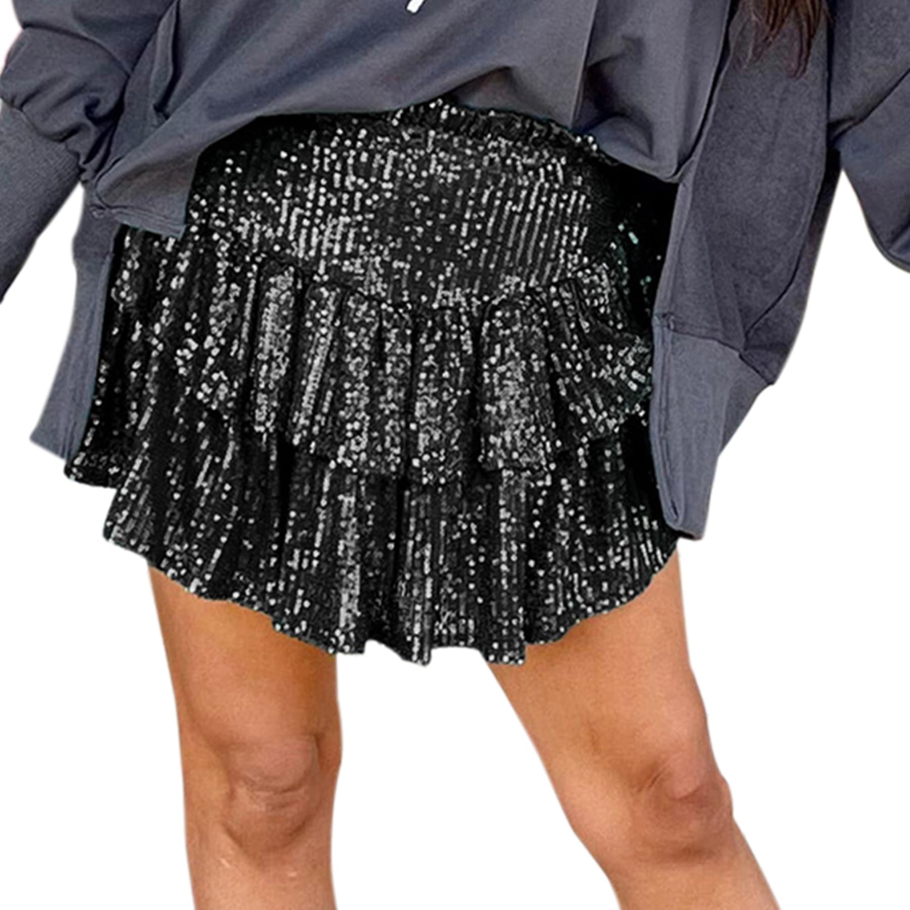 MINGSEECESS Minigonne corte da donna con paillettes glitterate, linea ad A, con volant, svasata, casual, gonna a pieghe per party club
